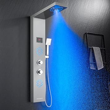 POPFLY Shower Panel Tower with LED Mist Shower Rainfall Head & 2 Body Jets with LED, Tub Spout and Temperature Display, No Battery Needed Shower Tower Column System, Brushed
