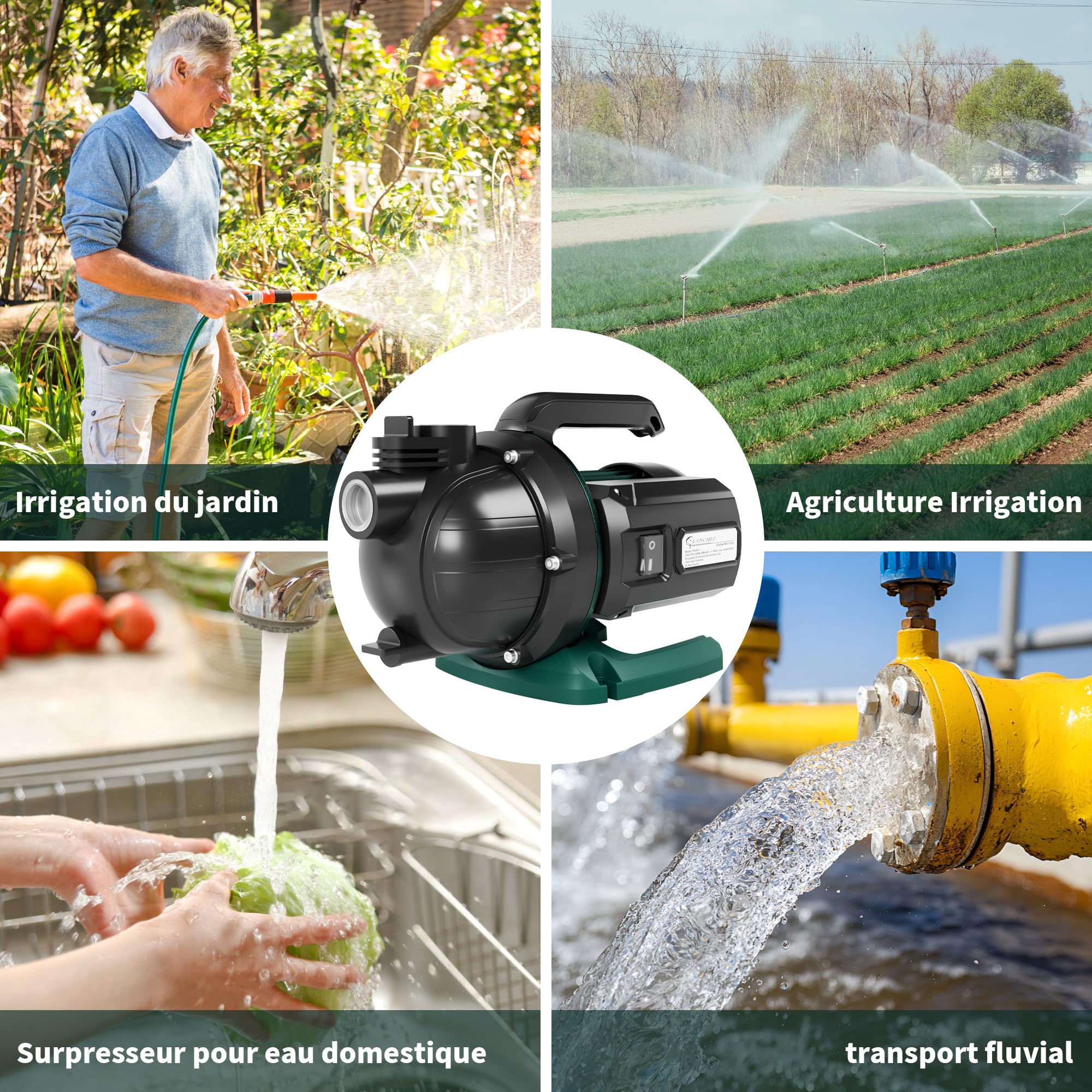 LANCHEZ Pompe de Jardin 4600 L/H, 600 W, Hauteur de Refoulement 36 m, Hauteur d'Aspiration 8 m, Poignée de Transport, Pompe à Eau pour Récupérateur d'Eau de Pluie, Citerne et Étang