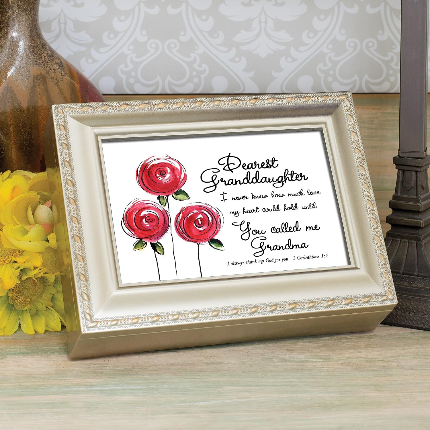 Cottage Garden Granddaughter You Called Me Grandma Silvertone Rope Trim Jewelry Music Box Plays Amazing Grace image 4