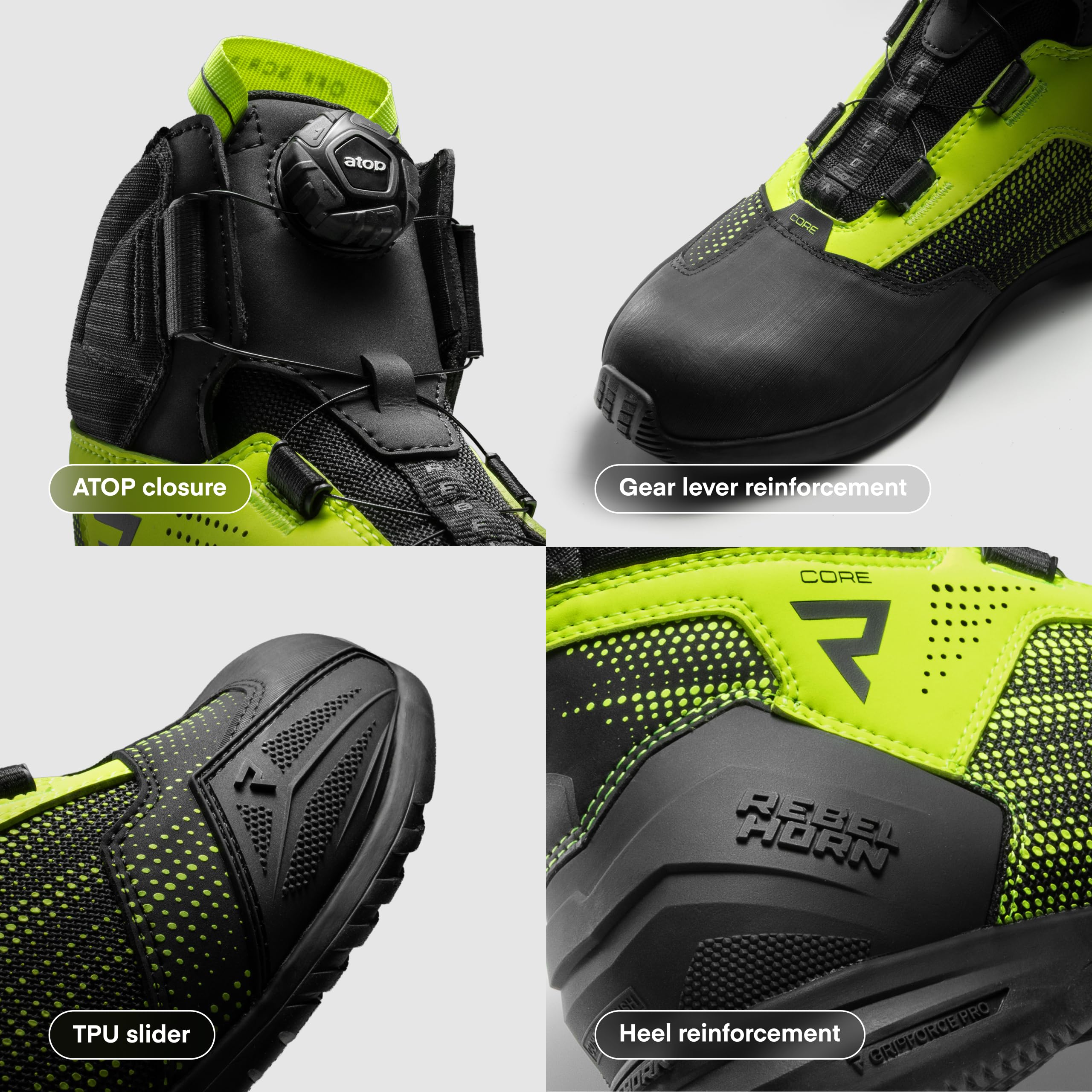 REBELHORN Core Buty Motocyklowe Męskie i Damskie | Skóra PU | System Szybkiego Sznurowania ATOP | Ochraniacze Kostek | Wzmocnione Palce | Panele Wentylacyjne Mesh | Rozmiary do 48