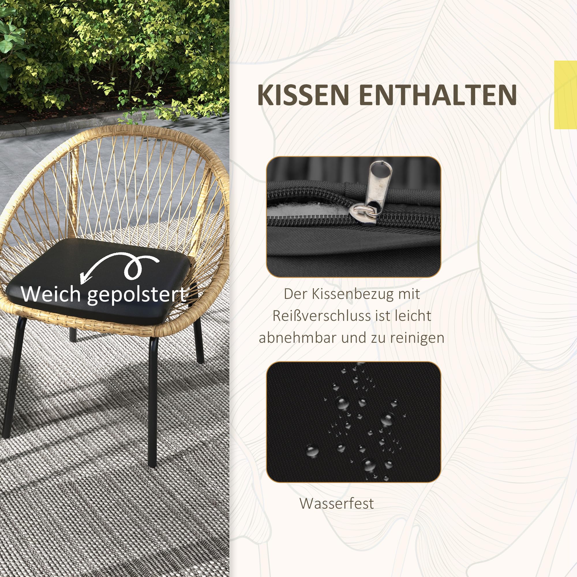 Outsunny 3-TLG. Rattan Gartenmöbel-Set, Balkonmöbel-Set mit Couchtisch Gelb | 2 Stühlen, Sitzgarnitur mit Kissen, Gartensitzgruppe für Balkon, Terrasse, Polyester, Outdoor
