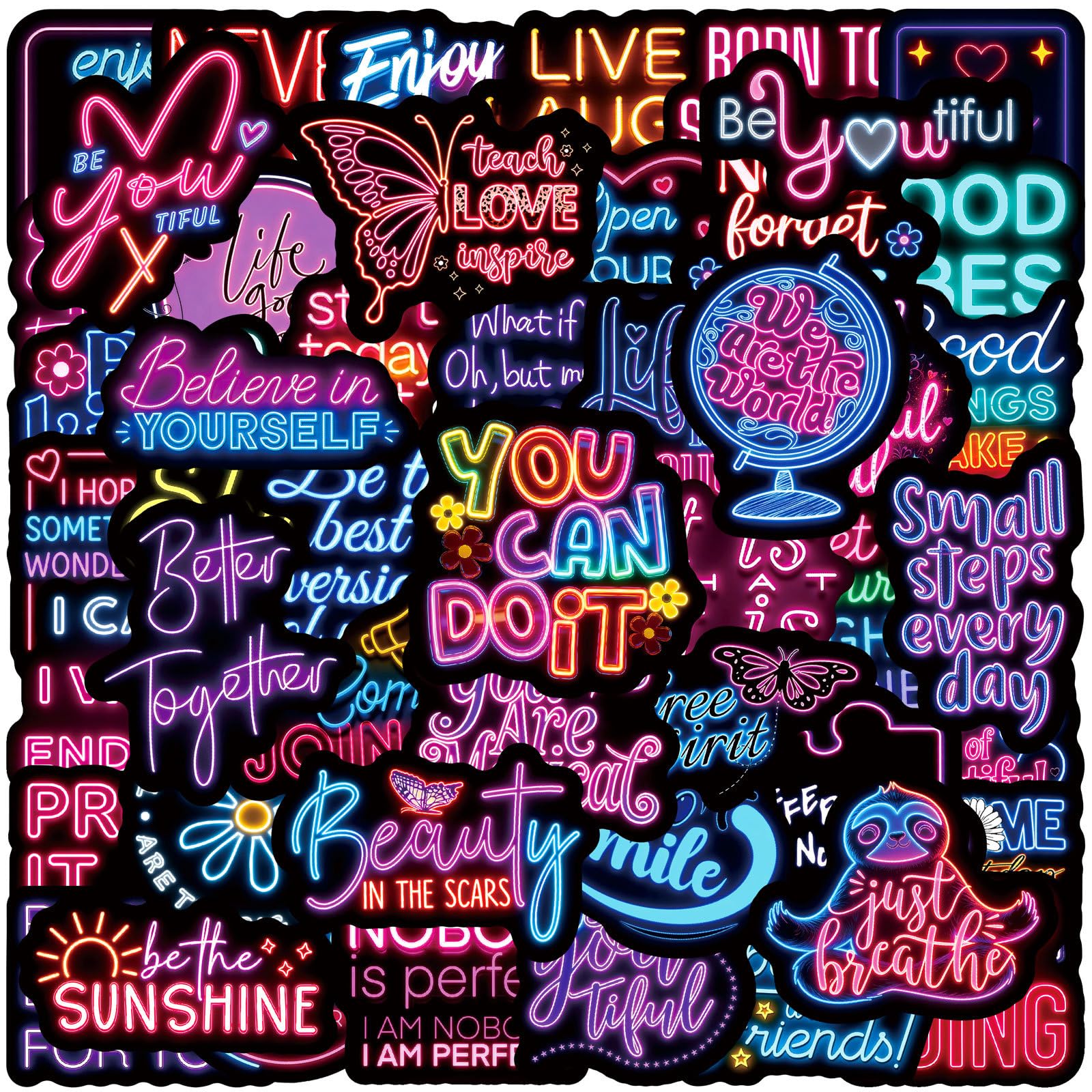 50Pcs Neon Quote Stickers Positive Phrase Vinyl Decals for Laptops Skateboards Luggage Helmets Bikes and Phones Fans Lovers and Inspirational Vibe Enthusiasts
