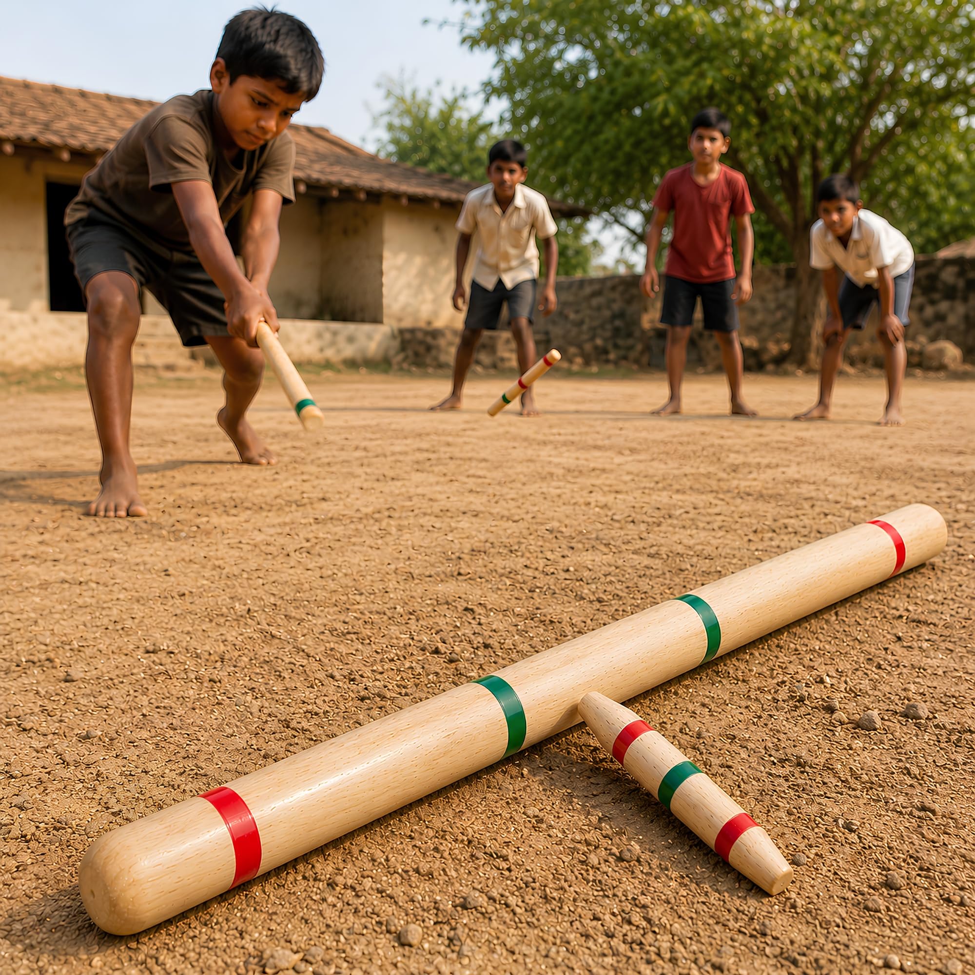 Softer Wooden Gilli Danda Game Set for Kids & Adults | Handmade Natural Wood Traditional Indian Outdoor Sport | Desi Village Street Game | 1 Danda & 1 Gilli | Encourages Active Outdoor Play-image-2