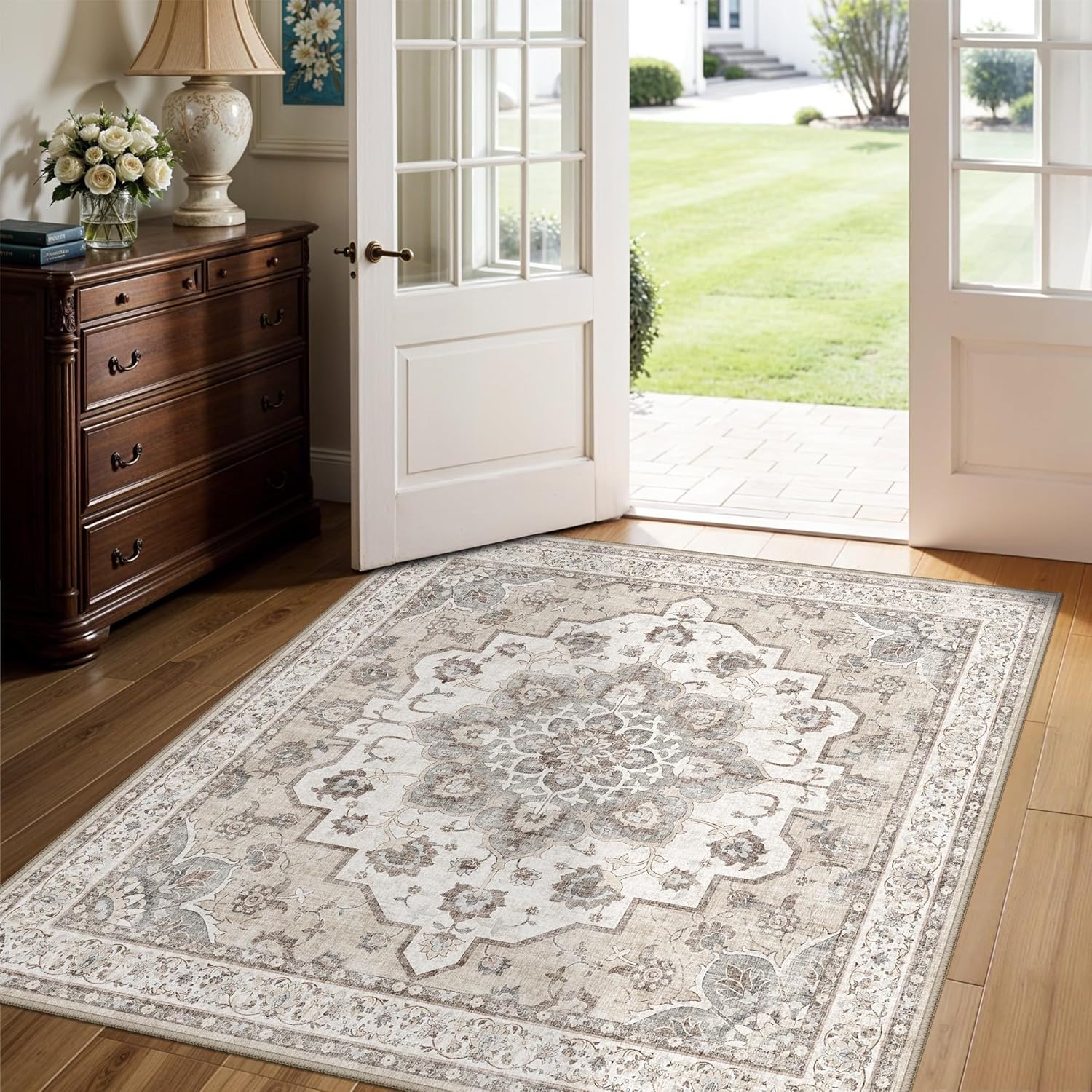 Living Room Washable Square Rug: 4x4 Soft Area Rugs for Kitchen Bedroom Bathroom Non-Slip Water Resistant Entryway Mat Low Pile Ultra Thin Small Carpet for High-Traffic Areas Home Decor (4x4,Beige)