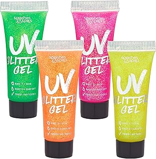 UV Glitter Body Paint Gel - 4 Colors Cosmetic Set for Girls, Women, Adults - 10 ml Tubes with Glowing Effect - Perfect for Dress Up, Festival, Costume Party, Halloween - by Splashes and Spills