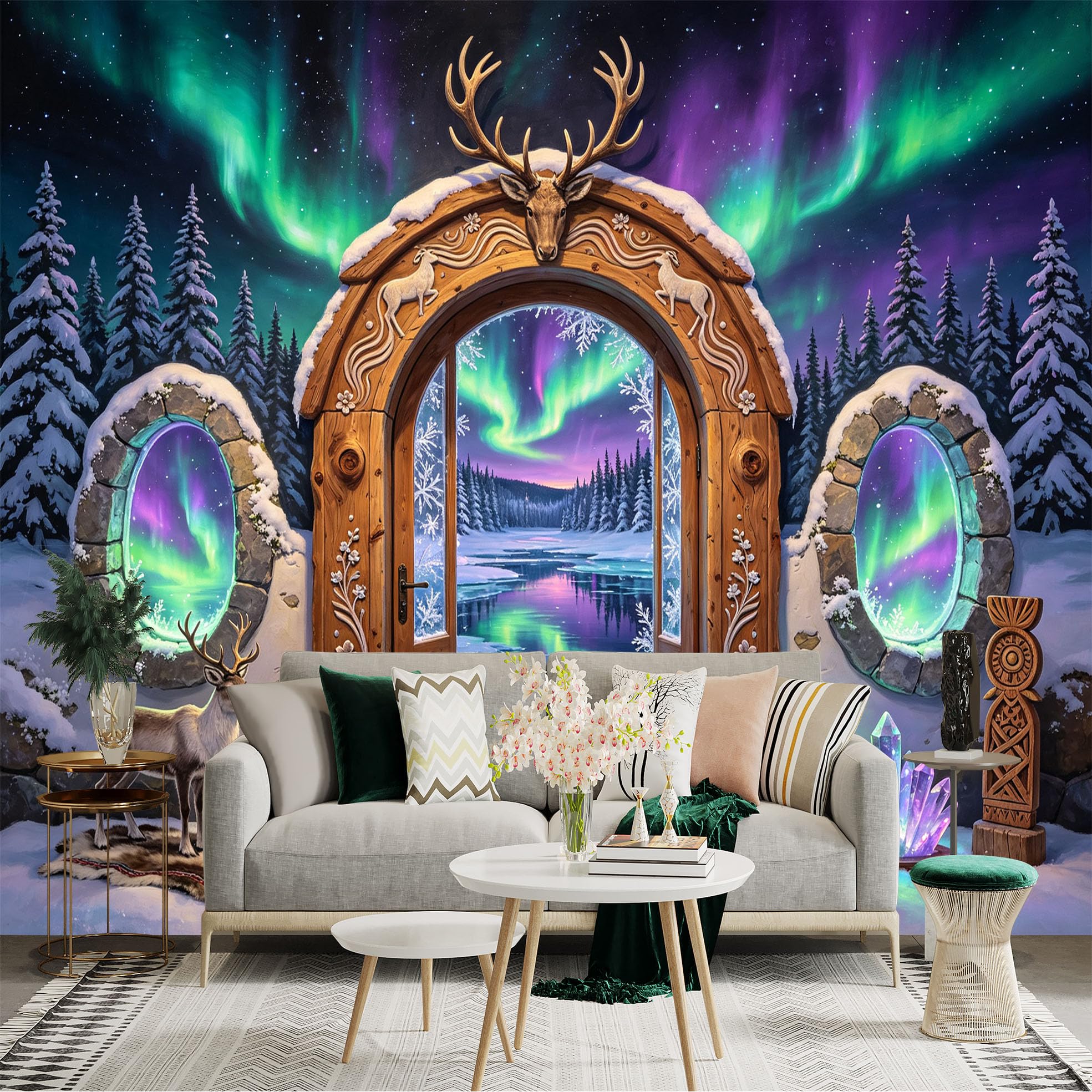 Custom Size Wall Sticker Mural， Aurora Winter Forest and Reindeer Lake， for wall Decoration， peelandstick wall Decals.