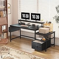 Vista 5 de EnHomee Escritorio para computadora de 57 pulgadas con cajones y espacio para impresora, escritorio de oficina con tomas de corriente, escritorios