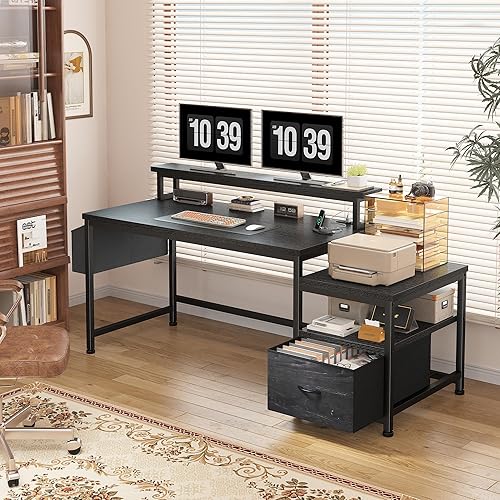 Miniatura 5 de EnHomee Escritorio para computadora de 57 pulgadas con cajones y espacio para impresora, escritorio de oficina con tomas de corriente, escritorios