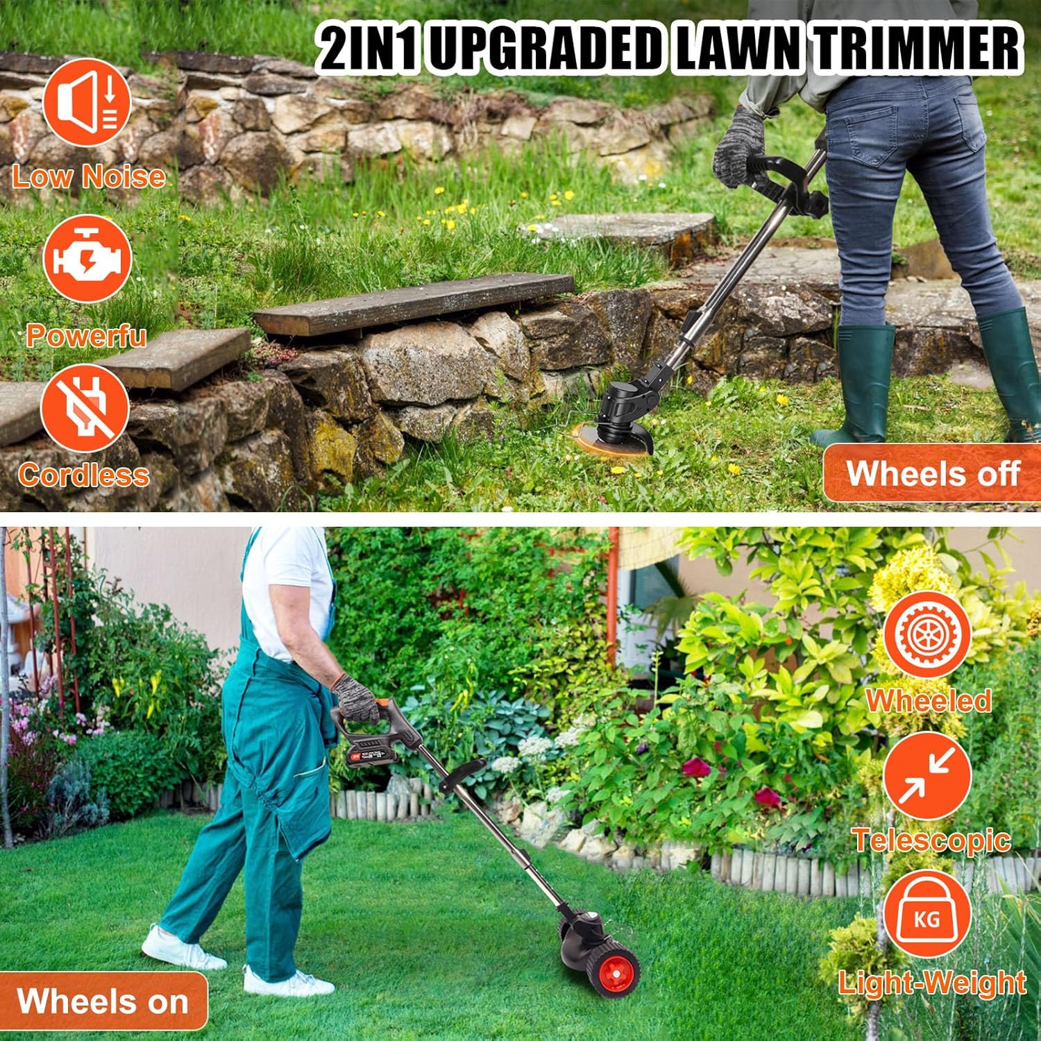 Cordless Weed Wacker Electric Weed Wacker 21V Battery Powered Brush Cutter 3-in-1 Lightweight Grass Trimmer Weed Cutter Lawn Edger with 3 Types Blade & Wheels for Lawn Garden Yard Care