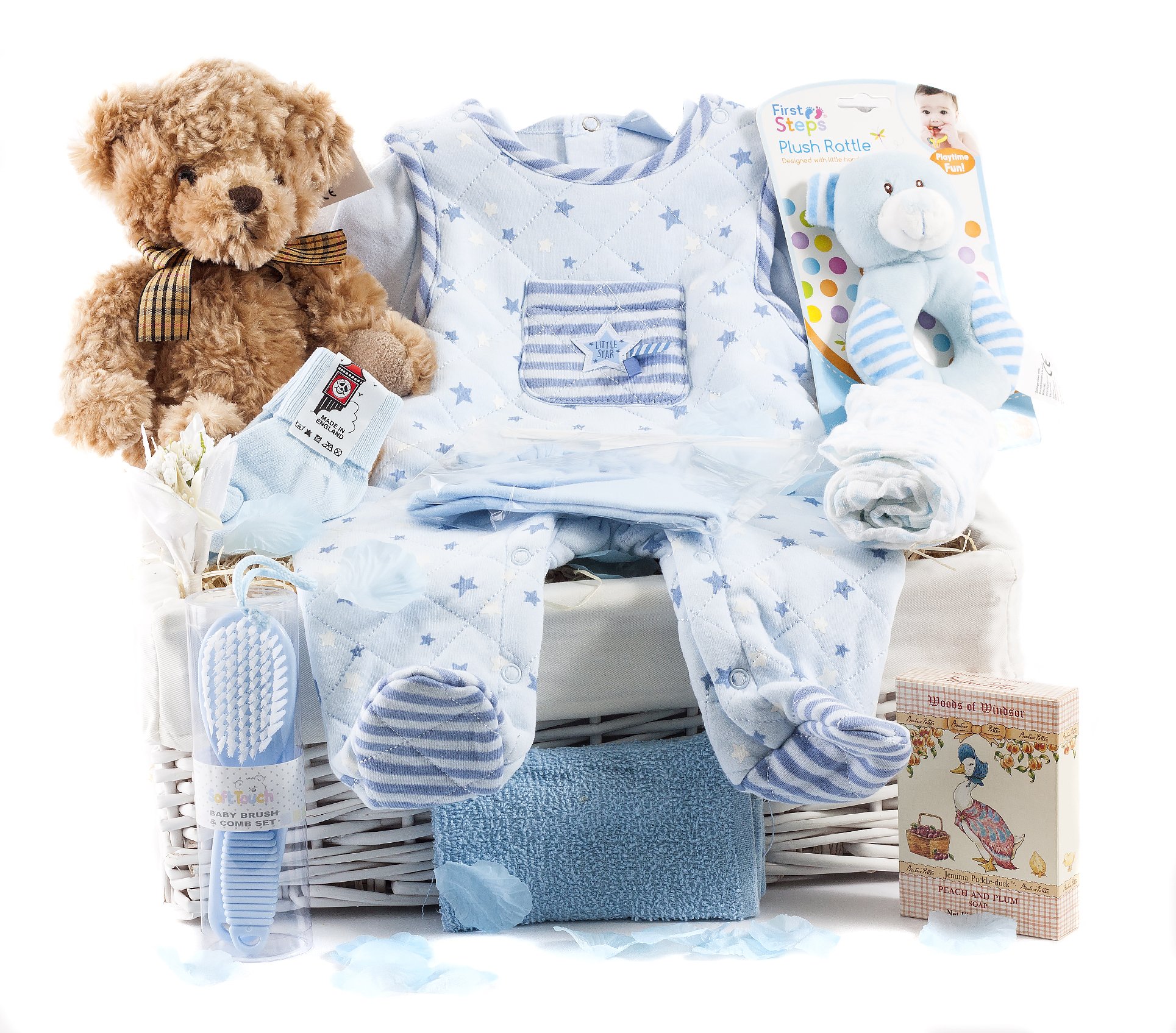 Wickers Gift Baskets Men's Blue | Just For Baby Deluxe Hamper For Boys | Includes Teddy Bear, Baby Outfit, Muslin Wrap, Hooded Towel & Keepsake Gifts | Perfect Newborn Baby Boy Gift Set