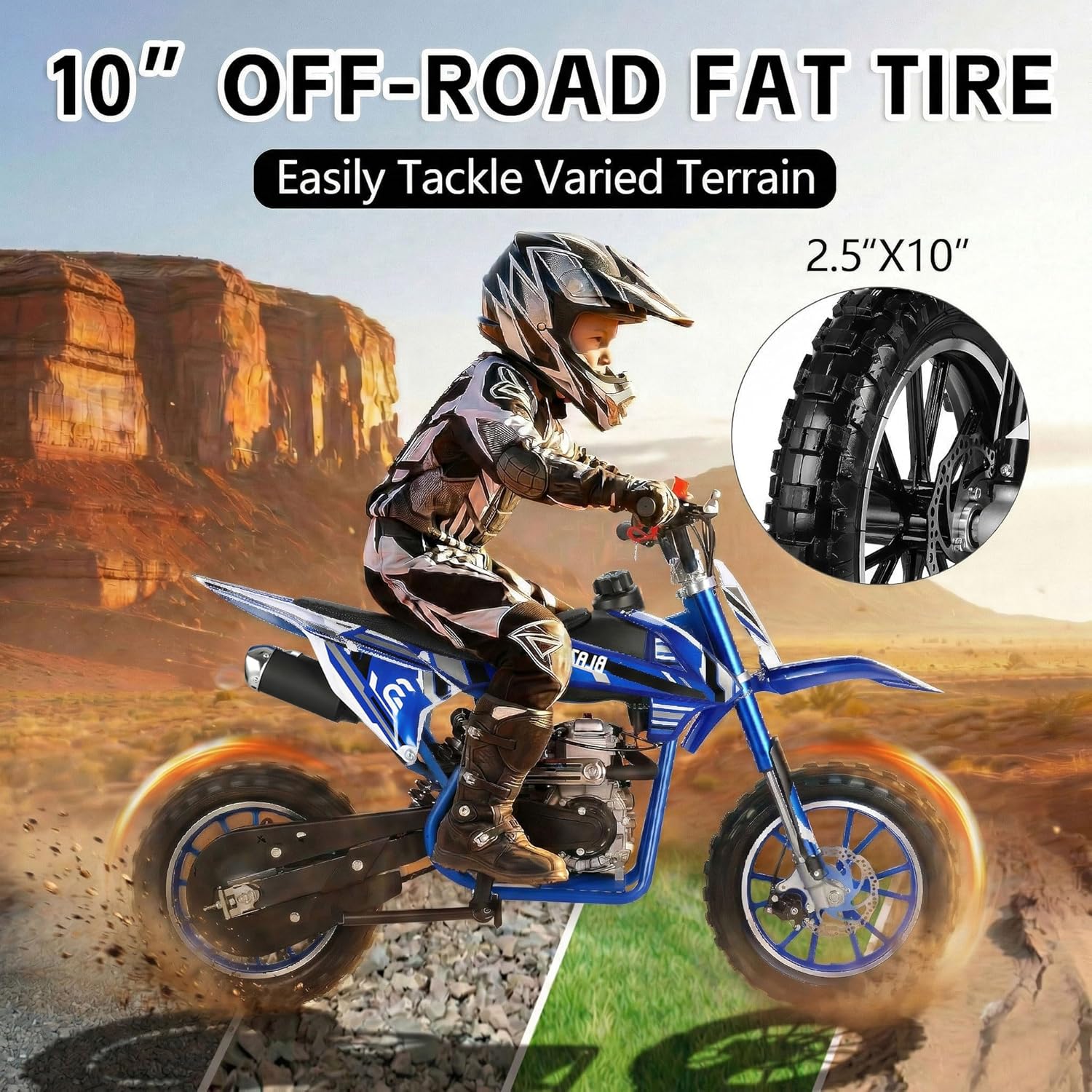 50cc Dirt Bike for Kids 8-14, 4-Stroke Gas Powered Dirt Bike with 2.5-10" Off Road Tires, Mini Pit Bike 25MPH & 18.8 Miles Long Range with Front and Rear Suspension & Dual Disc Brakes