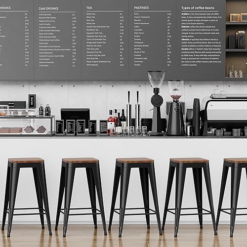 Miniatura 8 de Juego de 4 taburetes de bar de metal negro, sillas de bar industriales modernas con parte superior de madera para isla de cocina, taburetes