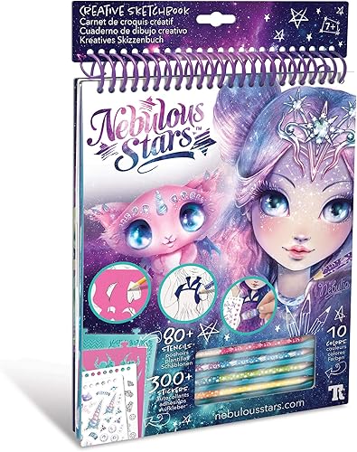 Nebulous Stars Creative Kids Sketchbook Set - 35 Stenciled White and Colored Pages - Comes with 80 Stencils