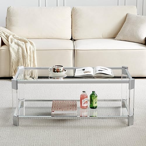 Miniatura 4 de SM Saint Mossi 202301GL-GN Mesa de centro moderna de doble capa, 41x21x16 pulgadas, rectangular transparente cromado