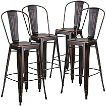 Flash Furniture Blake – Sgabello da Bar per Interni ed Esterni in Metallo ramato ad Alto Effetto Invecchiato, di Grado Commerciale, Confezione da 4, 30″, con Schienale