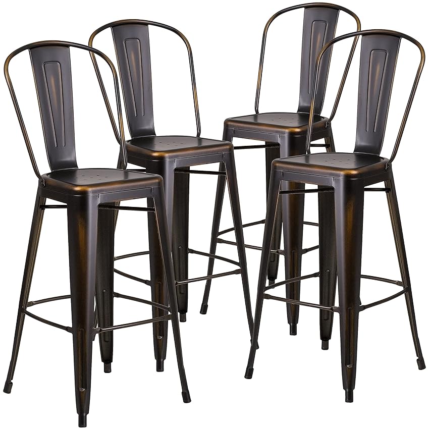 Flash Furniture Blake - Sgabello da Bar per Interni ed Esterni in Metallo ramato ad Alto Effetto Invecchiato, di Grado Commerciale, Confezione da 4, 30