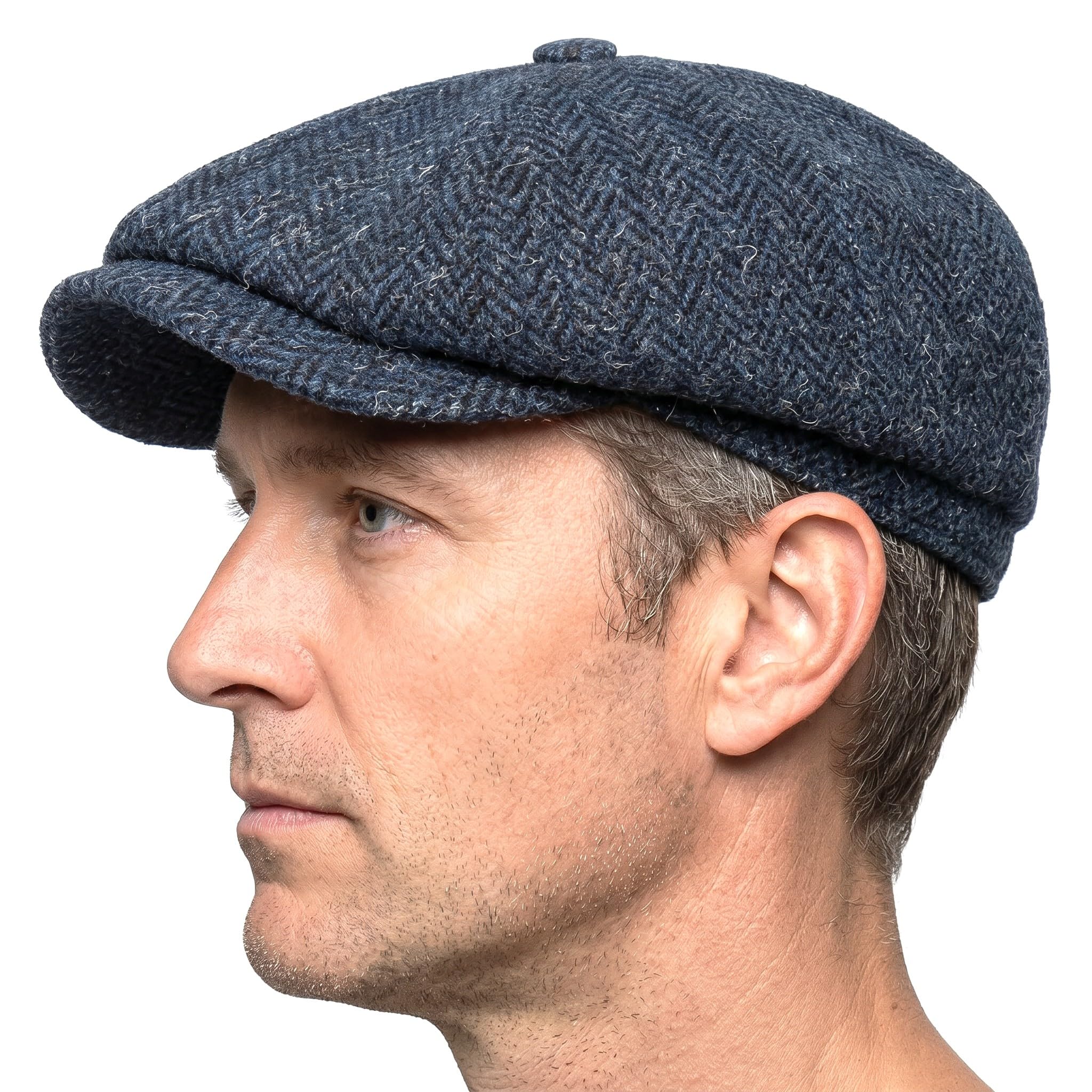 Tartan Tweeds Harris Tweed Traditional Peak Eight Panel Newsboy Cap British Made Navy Herringbone (M)
