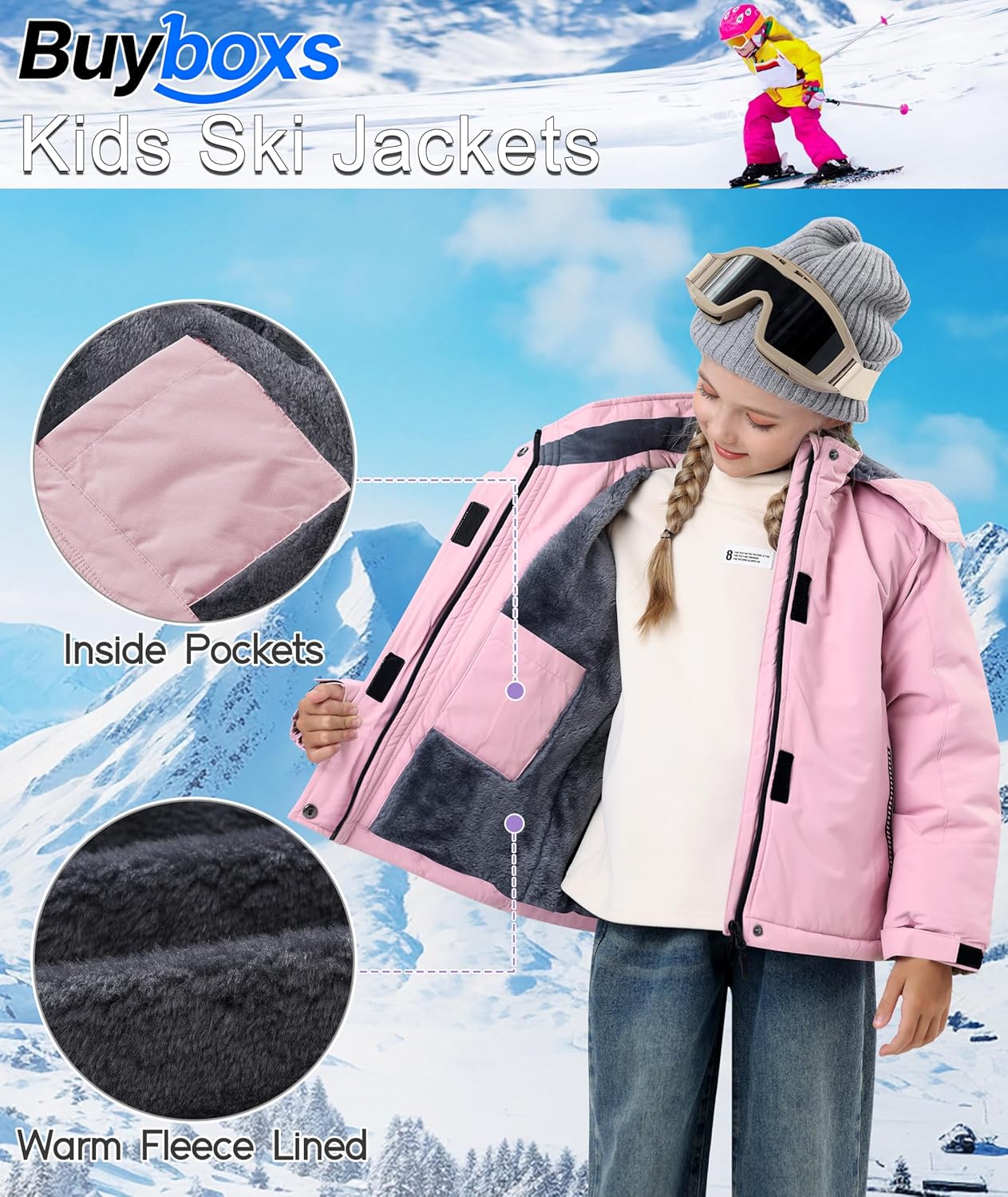 Kids Winter Jackets Warm Fleece Waterproof Snow Jacket with Zipper Pockets Detachable Hood