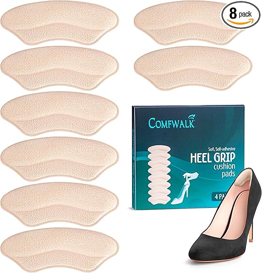 Heel Grip Cushion Pads - 4 Pairs, Self-Adhesive, Shoe Inserts for Loose Shoes, Snug Fit, Blister Prevention, Heel Comfort for Men and Women, Ideal for High Heels (Beige, Lip-Shaped)