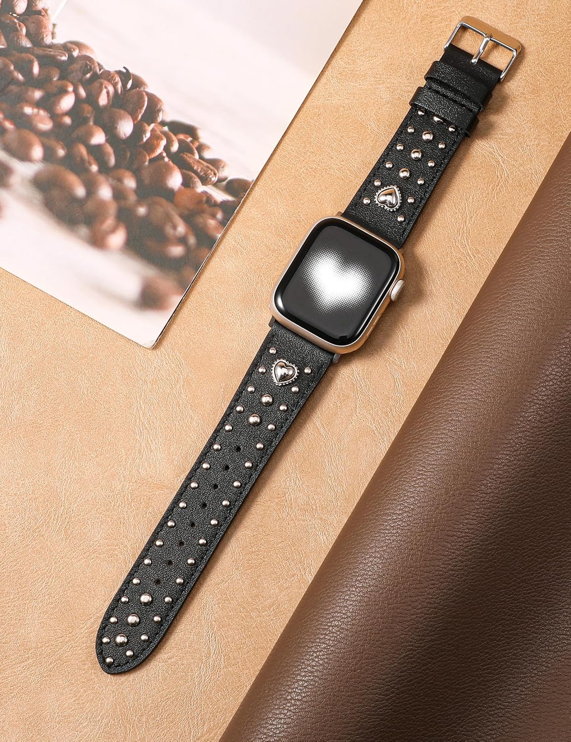Wearlizer Leather Band Compatible with Apple Watch Bands Women 42/46/38/40/41/44/45/49mm, Dressy Fancy Designer Pretty Heart Charms Studded Strap for iWatch Series 11 10 9 8 7 6 5 4 SE/Ultra 3 2 1