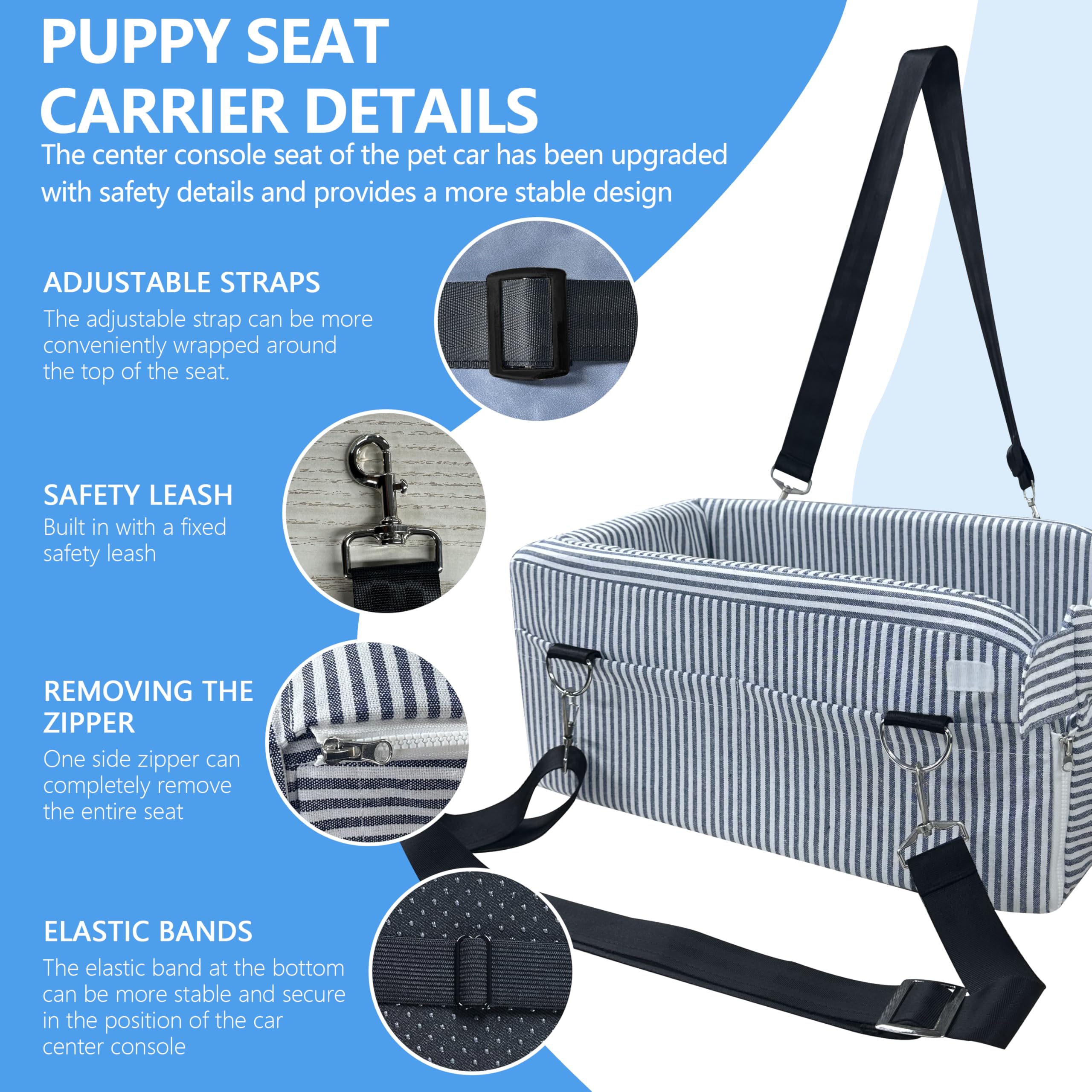 Asiento de coche para perros pequeños de hasta 13 libras, asiento para mascotas resistente al desgarro con base antideslizante, correas de seguridad ajustables y acolchado de alta calidad