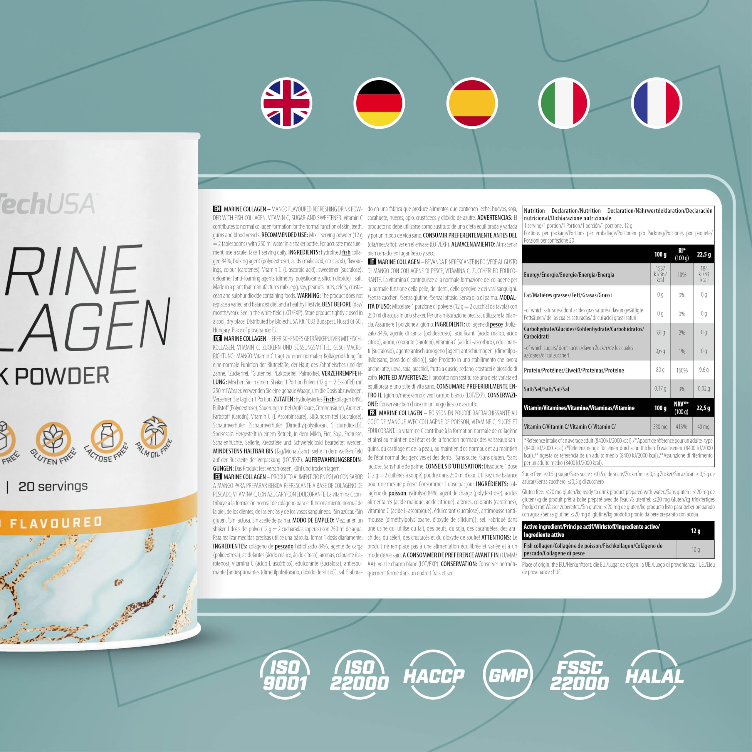 BioTechUSA Marine Collagen | Colágeno hidrolizado de pescado con vitamina C | 84 % de colágeno de pescado | Para la piel, el cabello, las uñas y las articulaciones | Sin azúcar | 240 g, Mango