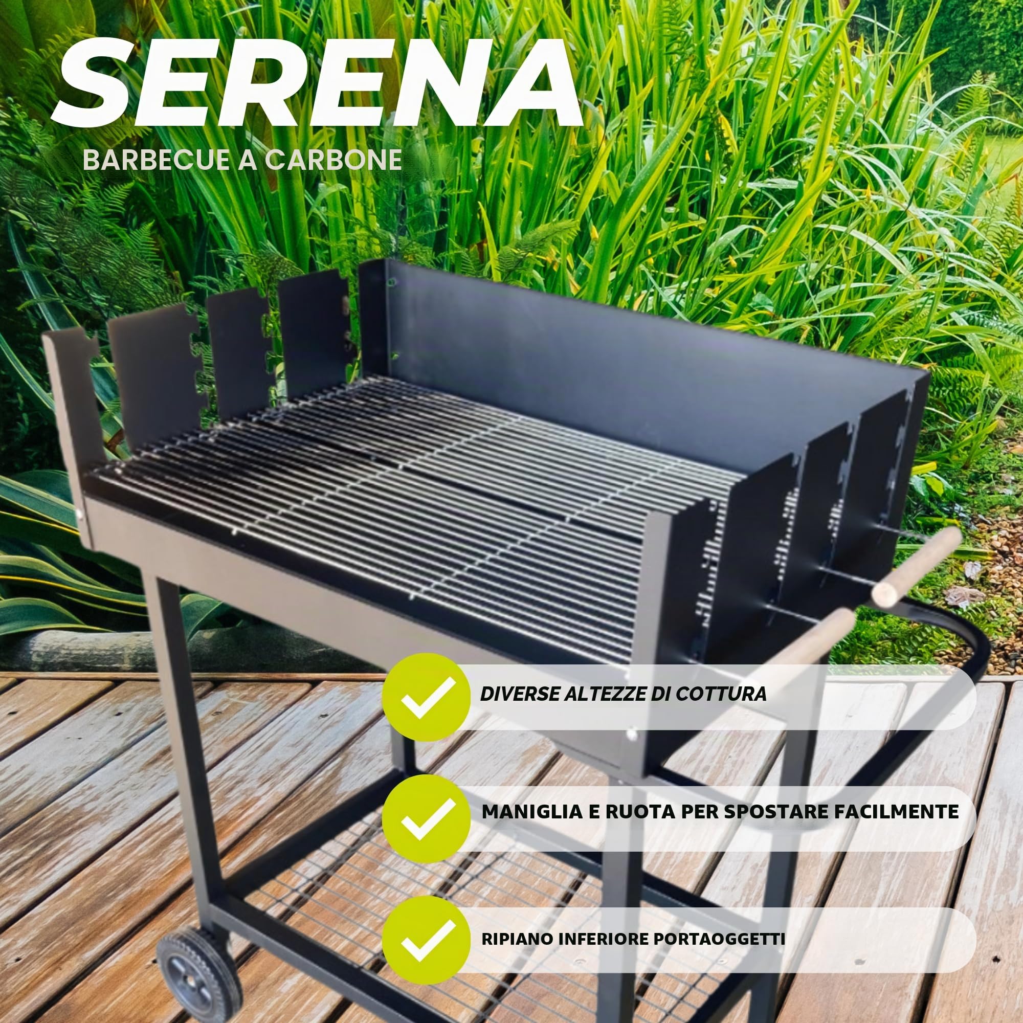Cook'in Garden - Barbecue a Carbone su Ruote SERENA, Superficie di Cottura XXL, Griglie Posizionabili a Diversi Livelli, Ripiano Inferiore, Cisterna in Acciaio