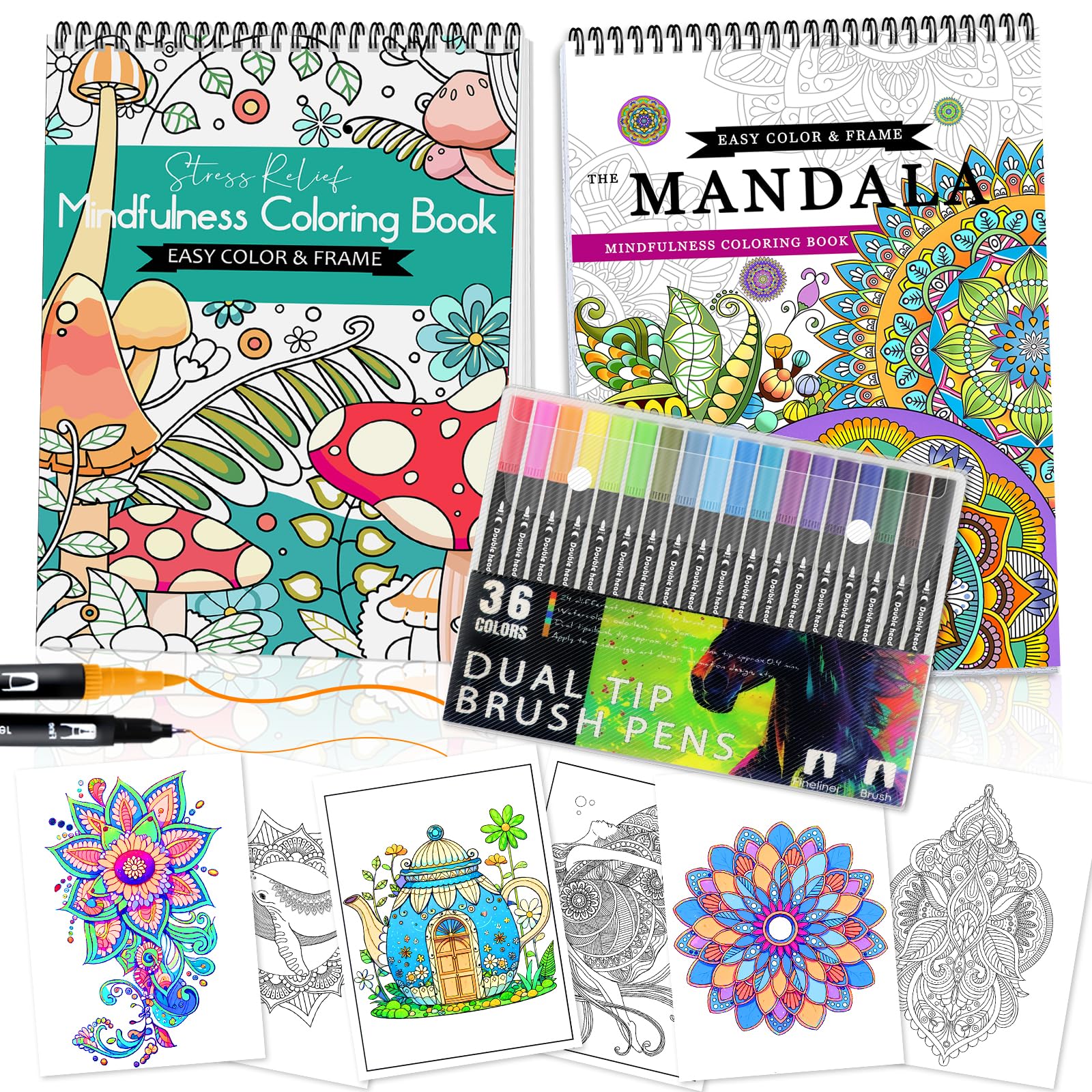 CKMOREL 2Pcs Adult Coloring Books with 36 Colors Markers, Mandala Adult Coloring Book for Women Relaxation with 48 Patterns, Colors Markers Set,