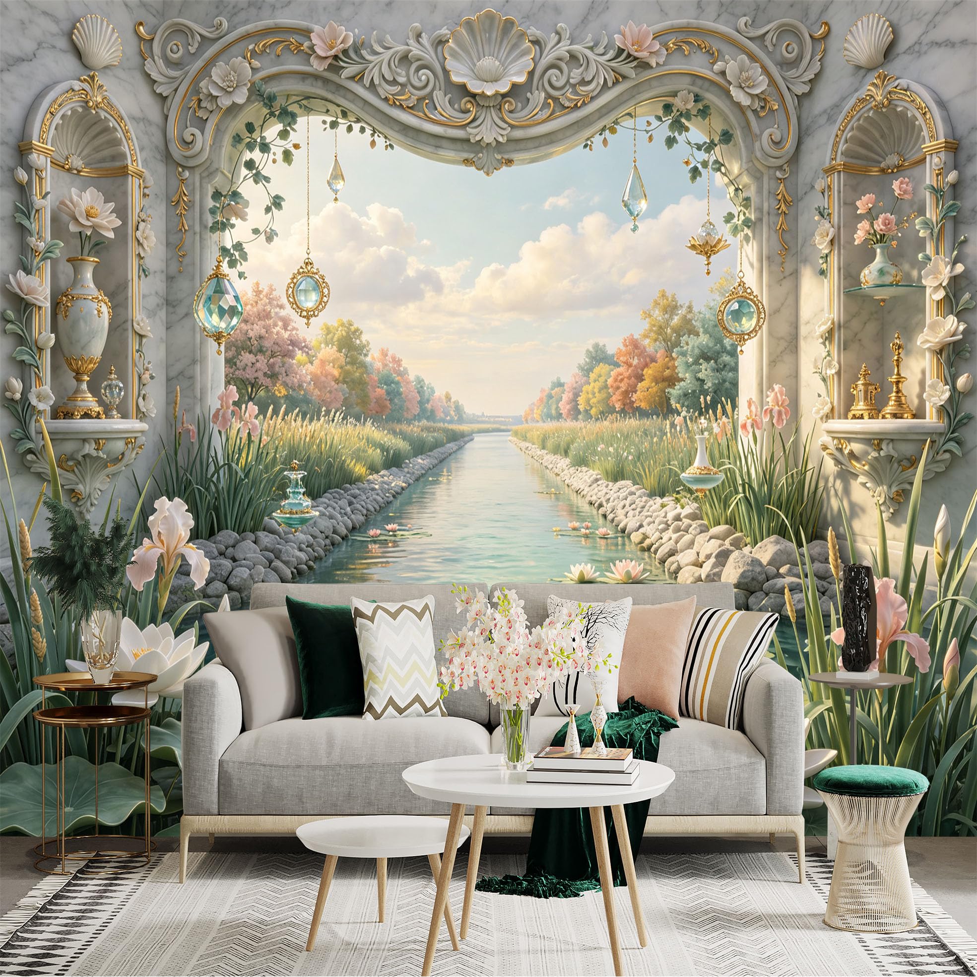Lnzczhyre Bh260719789 Custom Size Wall Sticker Mural， Elegant Marble Archway View， Serene River Scenery， Blooming Lotus Flowers， Decorative Crystal Ornaments， For Wall Decoration， Peelandstick Wall Decals.