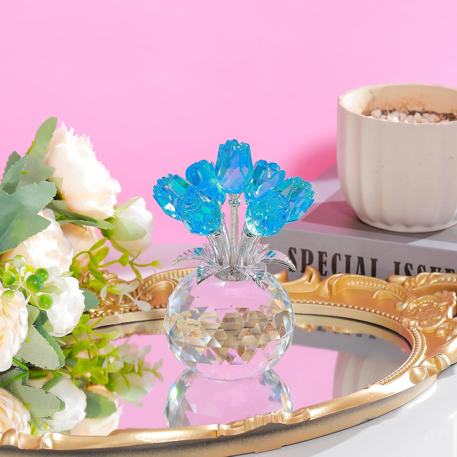 Lake Blue Rose Crystal Figurine with Vase, Bouquet Flowers Ornament Gifts for Wife, Girlfriend, Women - Handmade Crystal Flower Collectible Home Table Decor for Valentine Day, Wedding Anniversary
