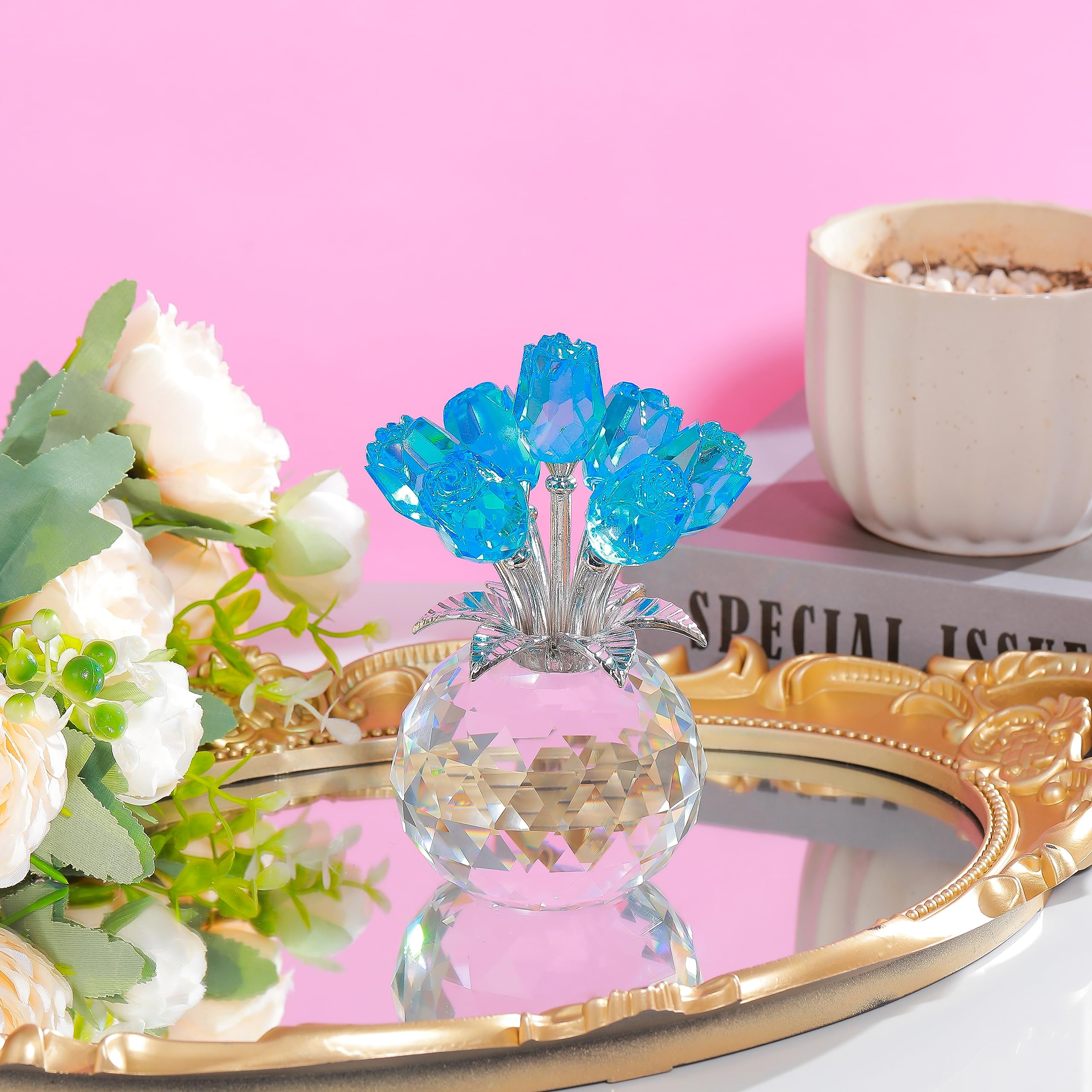 Amazon.com: Lake Blue Rose Flower Crystal Figurine with Vase
