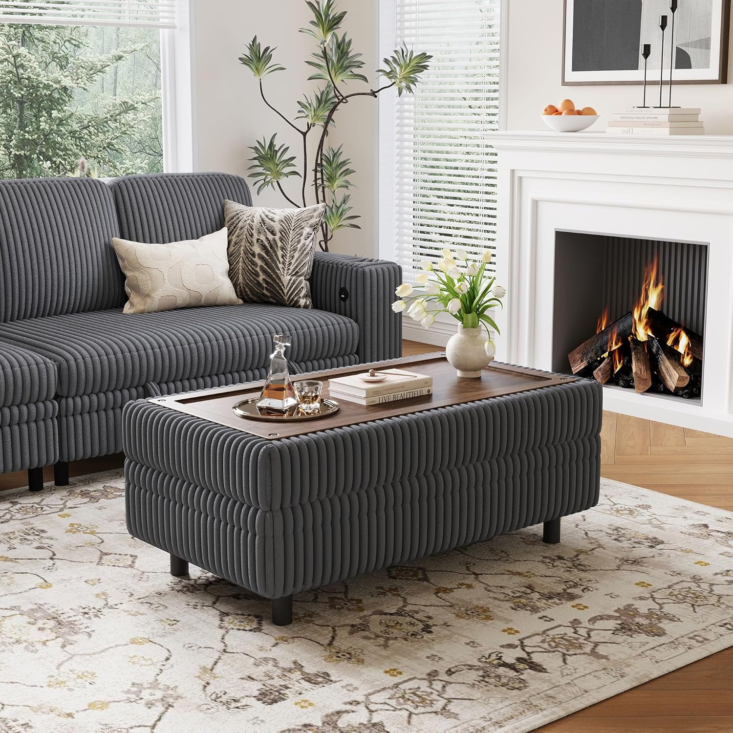 LINSY HOME Sectional Sleeper Sofa Storage Ottoman Bench, Convertible Coffee Table Plush Corduroy Couch Ottoman Footstool for Living Room, Bedroom Entryway and Family Room, Grey