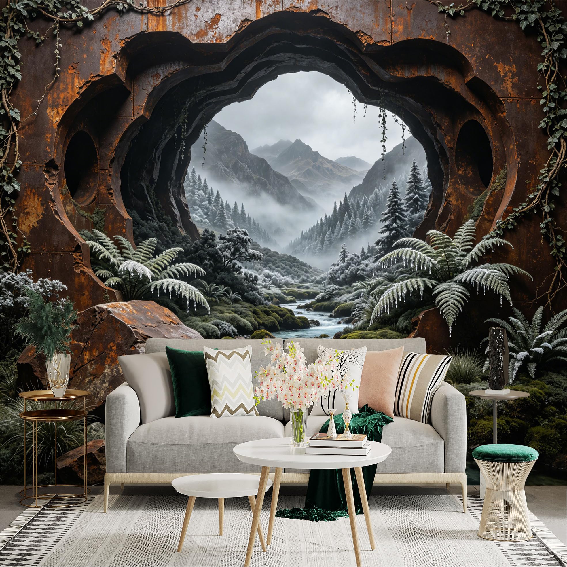 Custom Size Wall Sticker Mural， Mystical Mountain Landscape with River， Forest and Rusted Archway， for wall Decoration， peelandstick wall Decals.