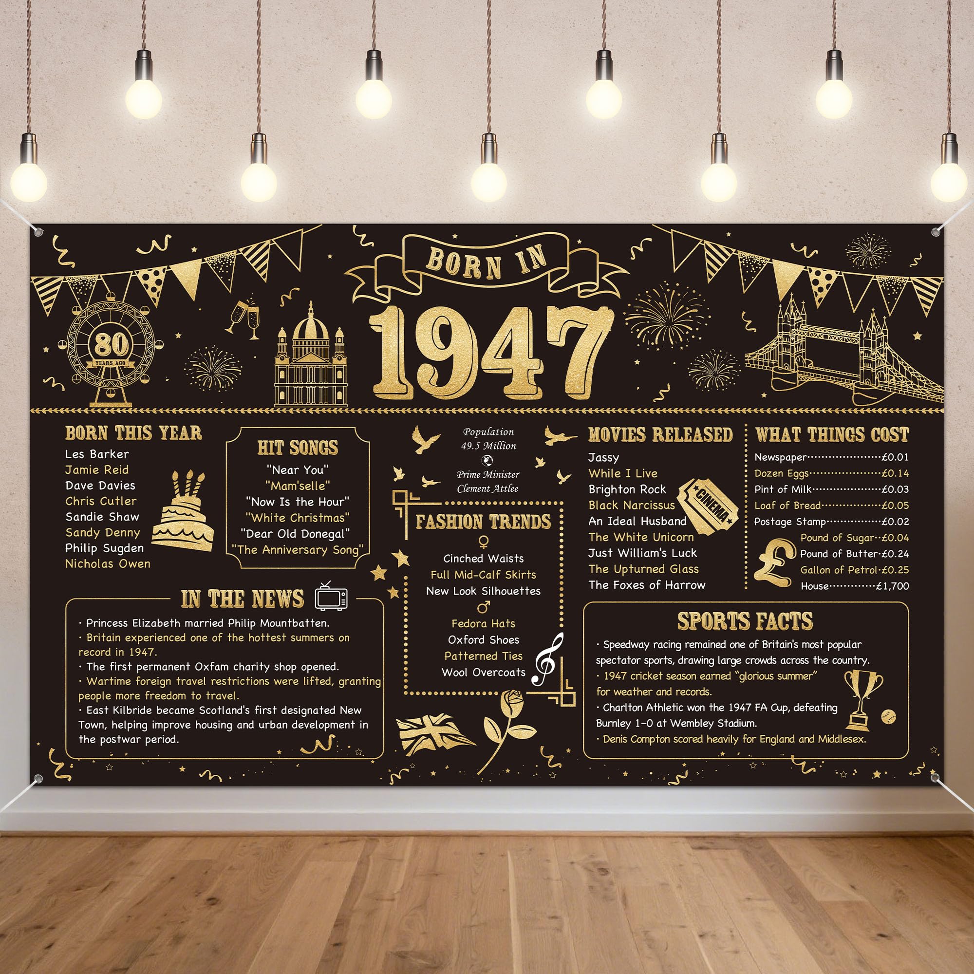 Benjia 80th Birthday Banner Decorations for Men Women, Born in 1947 UK Background Happy 80 Years Old Birthday Backdrop, Cheers to 80 Years Banners Black Gold Poster Bday Gift Home Decor Party Supplies