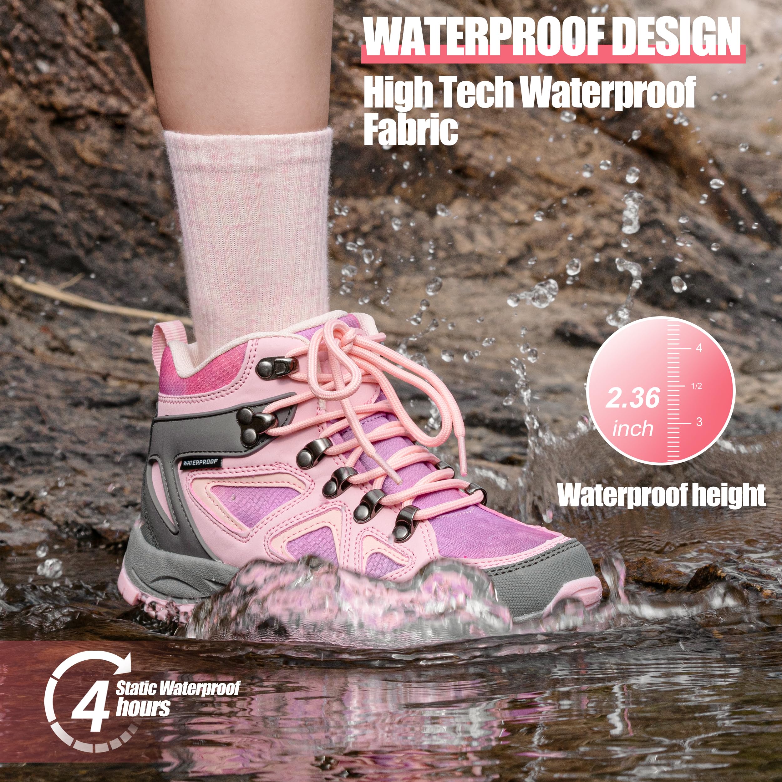 R CORD Girls Hiking Boots Kids Hiking Boots Girls Outdoor Adventure Trekking Boots Non-Slip Outdoor Boots Pink 4 Big kid