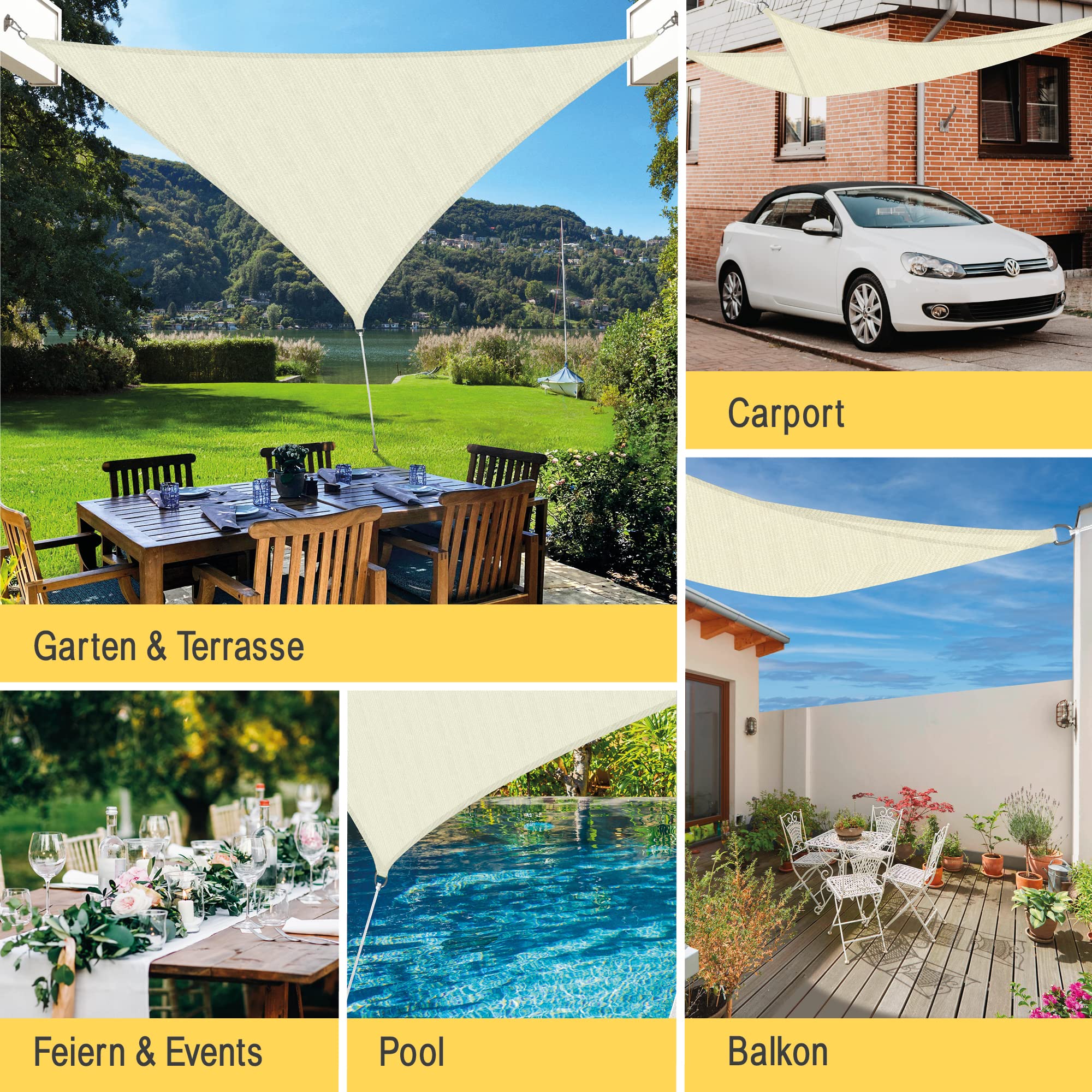 Sol Royal Sonnensegel dreieckig 3x3x3m Wasserdurchlässig HDPE Atmungsaktiver Balkon Terrasse Segeltuch UV Sonnenschutz Segel Garten Pool Camping Creme – Shade Sails HS9