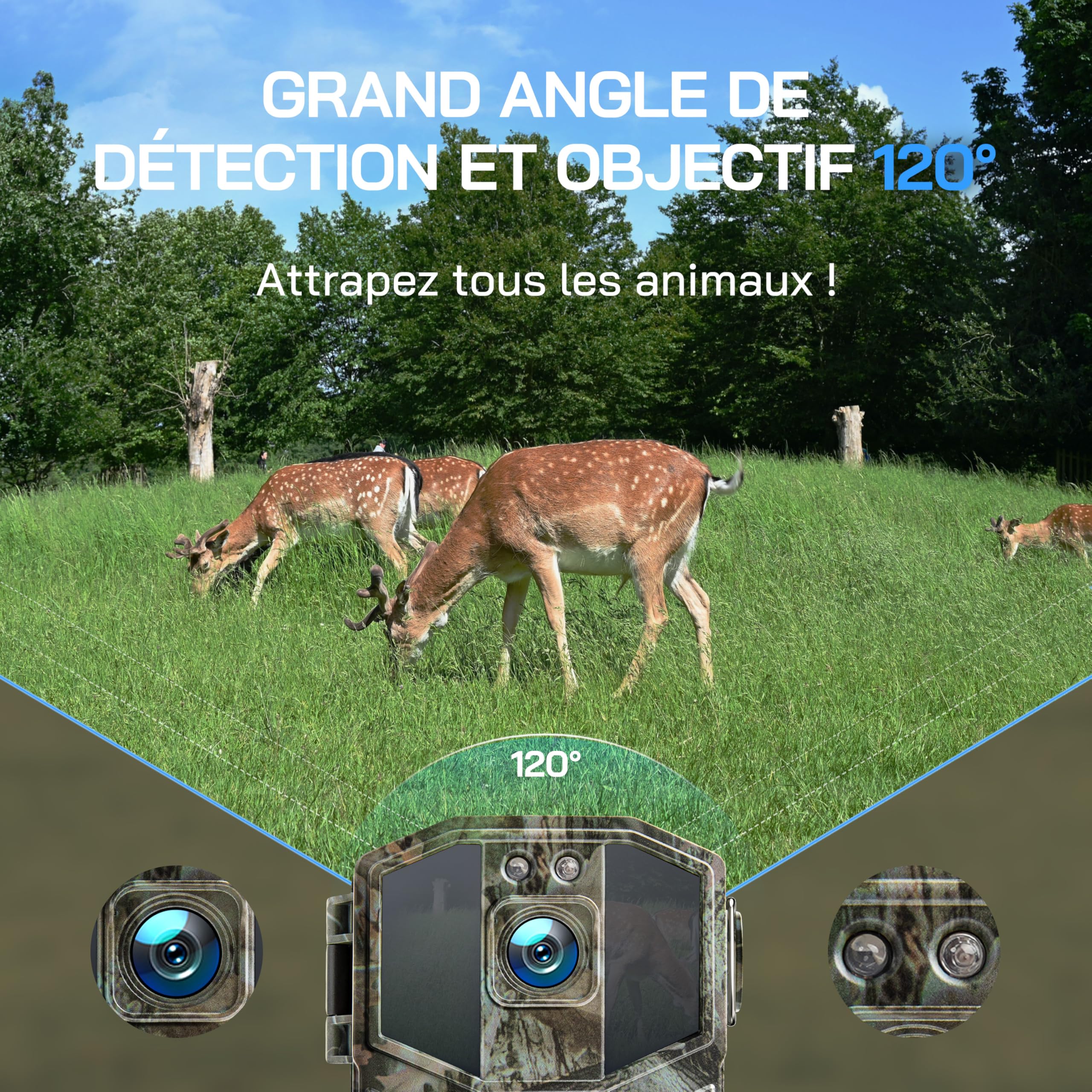 WOLFANG Caméra de Chasse WiFi 4K 64MP Full HD, Téléphone Transfert Vision Nocturne, Déclenchement de 0,1s, Détecteur de Mouvement pour l'observation des Animaux