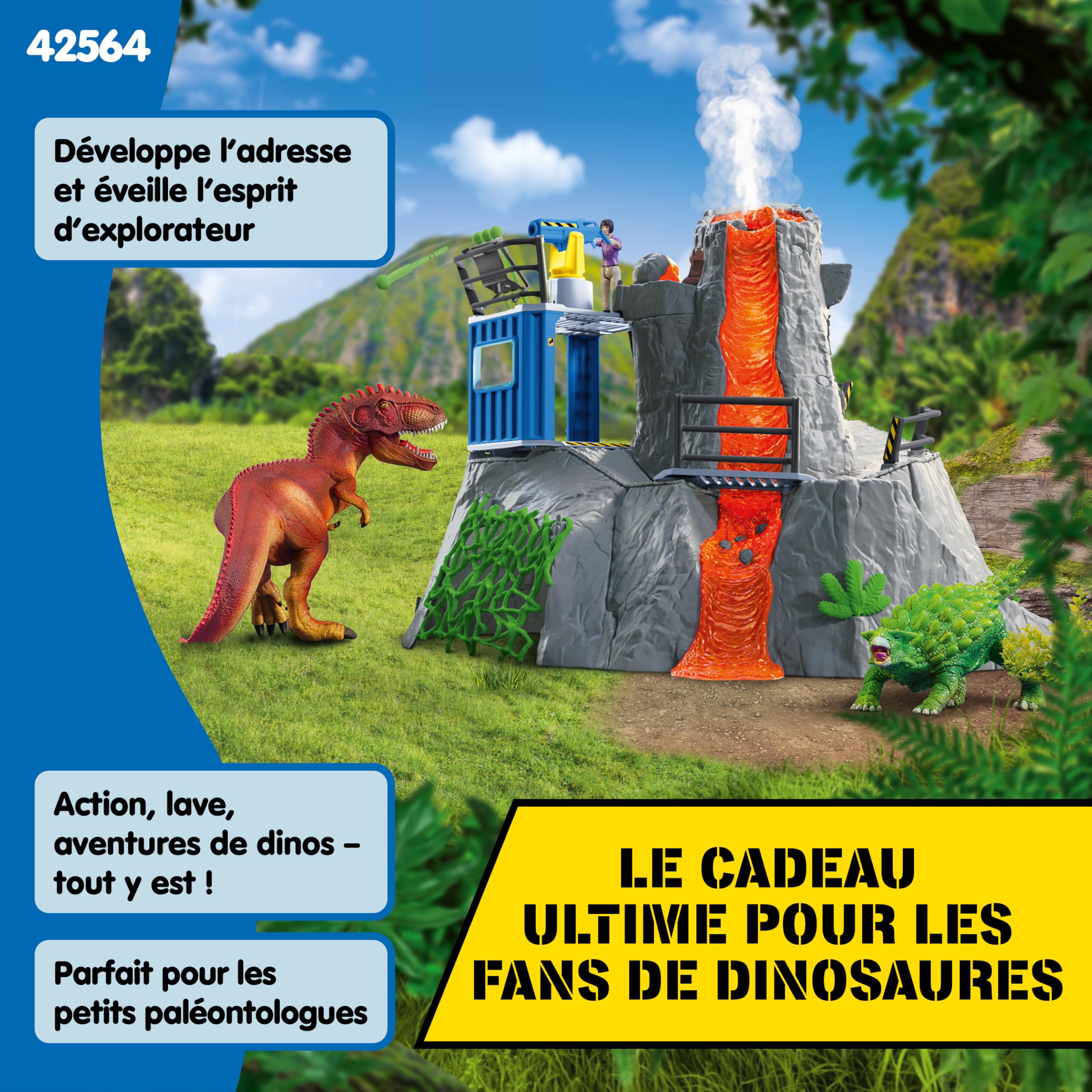 Schleich Dinosaurs - 42564 Expédition au Grand Volcan, Set de Figurines Dinosaures avec Un Volcan en éruption LED, Une Figurine de chercheuse et 2 Jouets Dinosaures pour Enfants âgés de 5 Ans et Plus