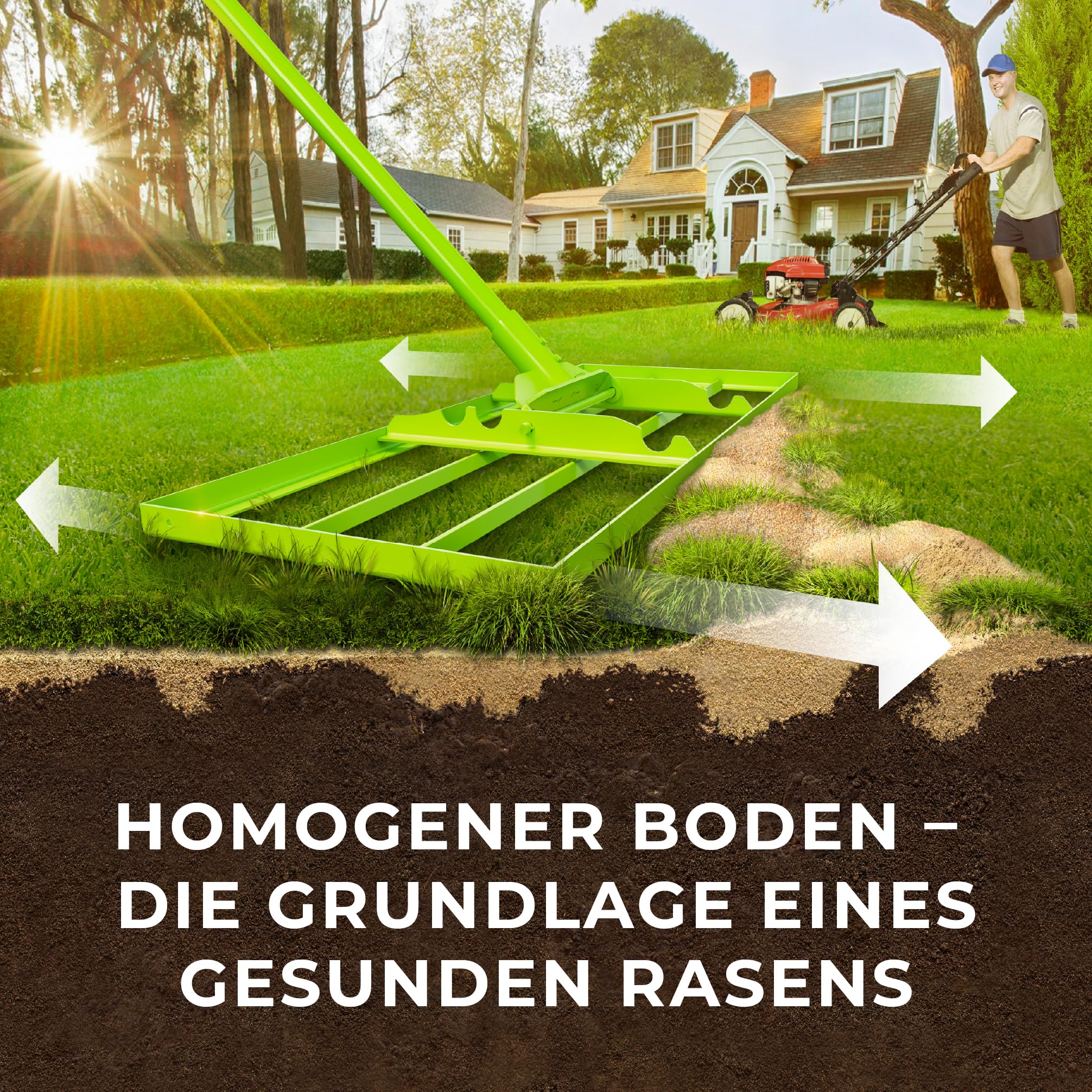 Werkzeuge für die Rasenpflege – Smart Rain Rakel für Rasen aus hochwertigem pulverbeschichtetem Stahl, Rasen-Nivellierrechen für Garten, Golfplatz, Rasenharke 74 x 29 cm mit über 2 m Stiel