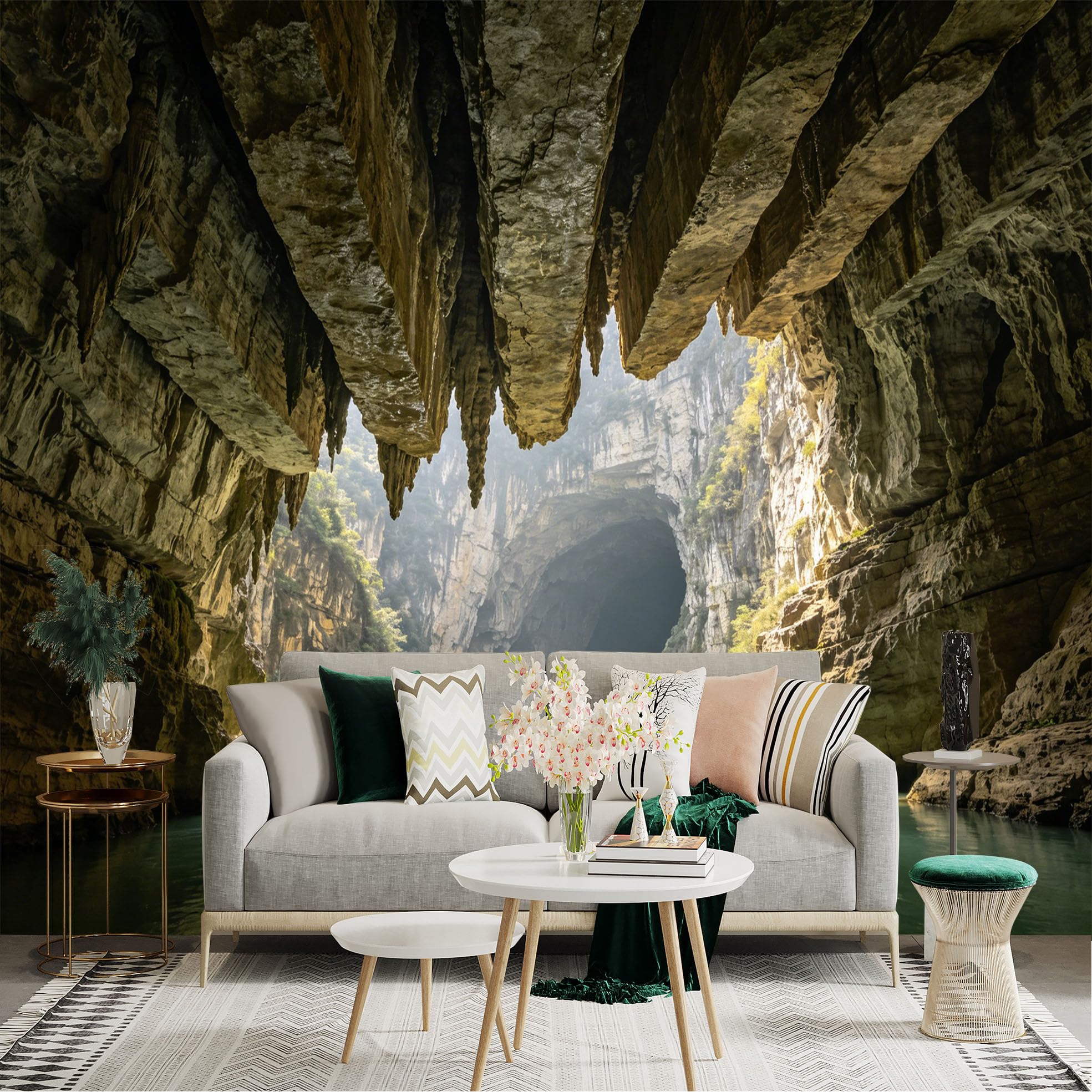Lnzczhyre Dbh260521756 Custom Size Wall Sticker Mural， Limestone Cave With Underground River， Natural Geological Formation， Mountain Interior Scenery， For Wall Decoration， Peelandstick Wall Decals.