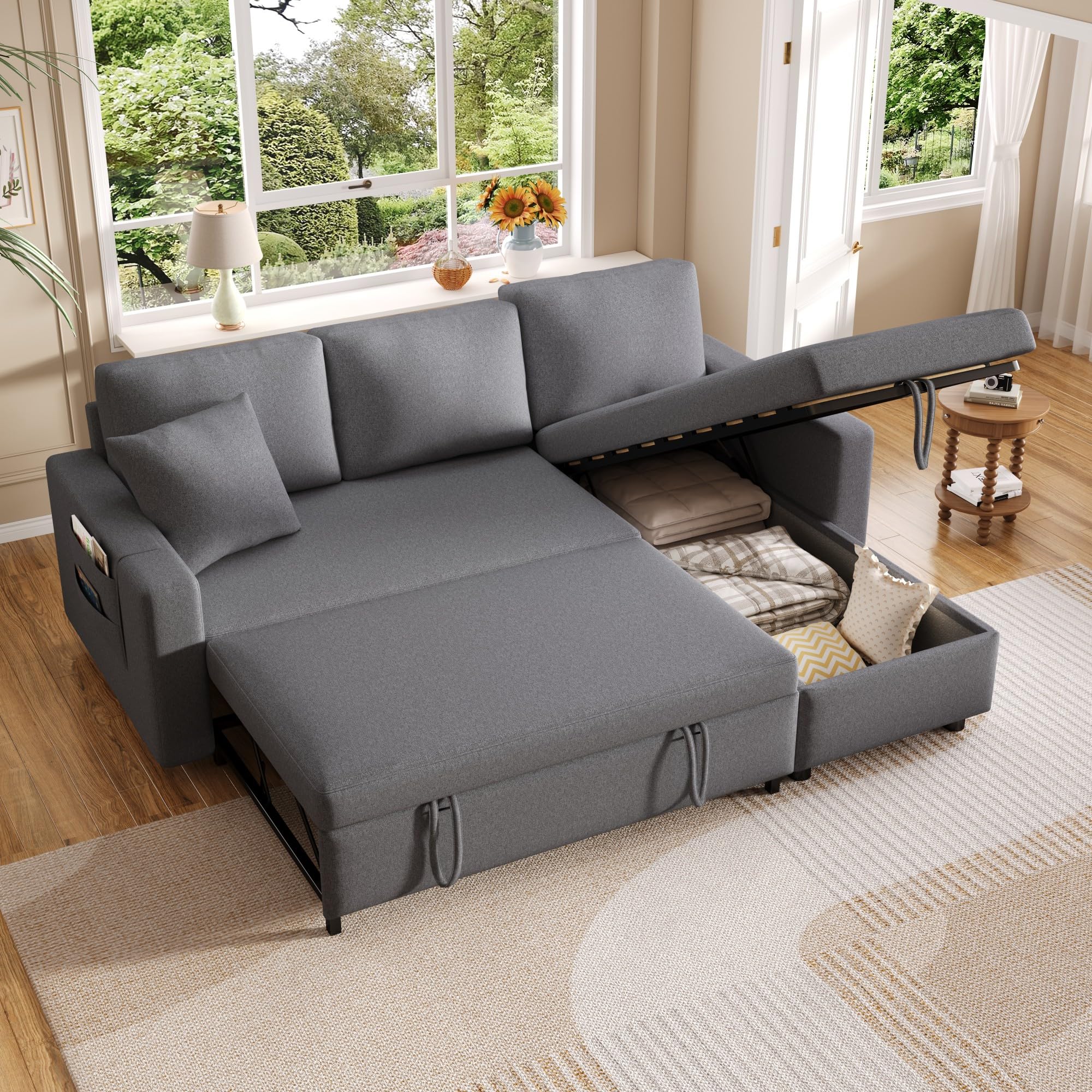 Azkoeesy Sofá cama plegable de 3 plazas con función sleep y espacio de almacenamiento, en forma de L, chaise longue sofá de salón, izquierda y derecha, intercambiable, tela de lino
