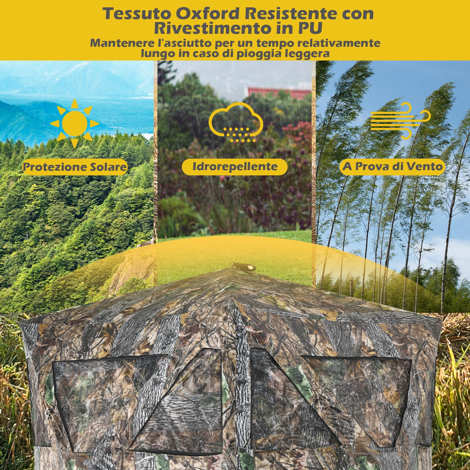 COSTWAY Tenda Portatile per Caccia con Finestre a Rete, Tenda a Terra Pieghevole per 3 Persone con Picchetti da Terra, Borsa per Trasporto