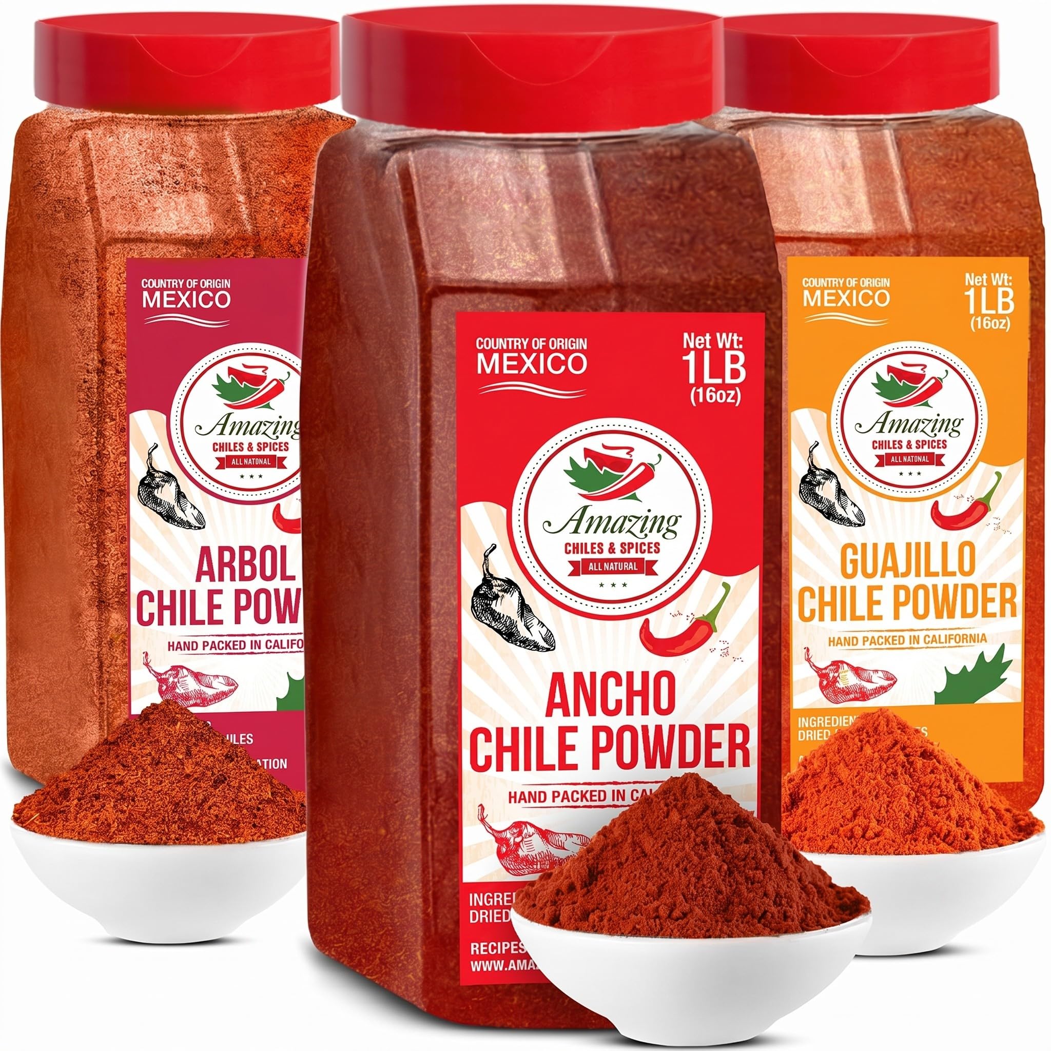 Chile Powder Variety Pack (48 oz Total) – Ancho, Guajillo & Arbol for Authentic Mexican Flavor Pure Ground Dried Chiles for Moles, Salsas, Sauces,