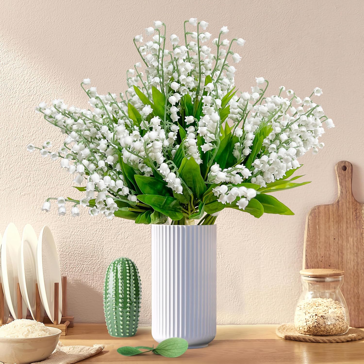 ATFL 80 Branch Artificial Lily of The Valley Flowers, Fake Faux Silk Lily of The Valley Plastic Flower, Outdoor Bridal Wedding Bouquet for Home Garden Party Wedding Decoration (White)