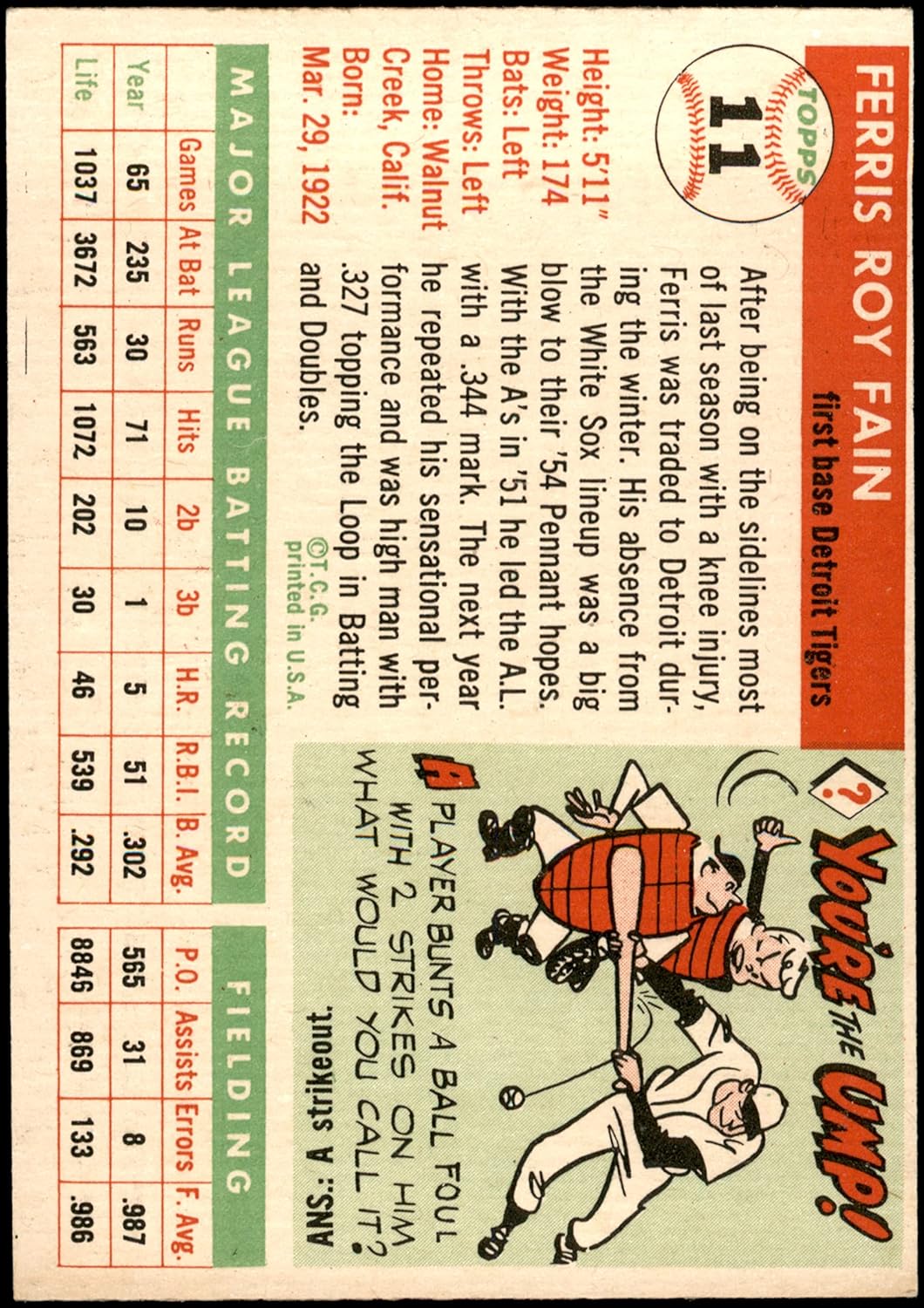 1955 Topps #11 Ferris Fain Detroit Tigers (Baseball Card) EX Tigers