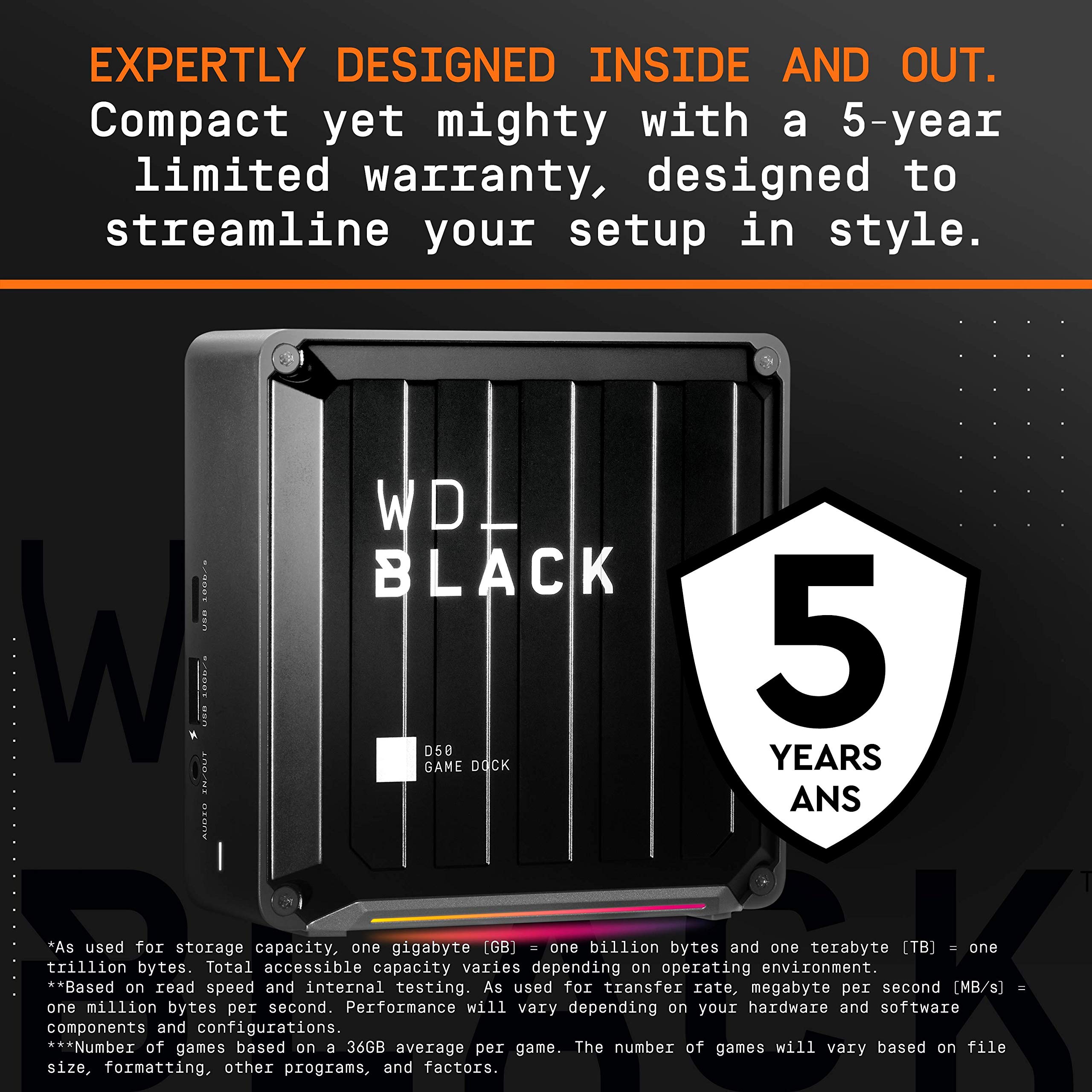 WD_BLACK D50 Game Dock 2 TB (2x Thunderbolt 3 Anschlüsse, DisplayPort 1.4, 2x USB-C, 3x USB-A, Audio Ein/Aus und Gigabit Ethernet anpassbare RGB-Beleuchtung) schwarz
