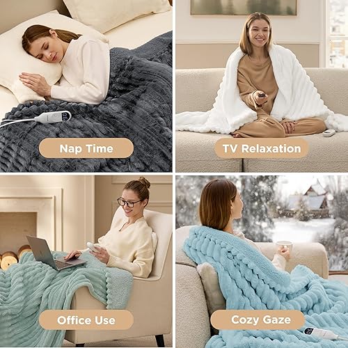 Vista 113 de Bedsure GentleSoft - Manta térmica eléctrica, suave manta eléctrica de franela acanalada, calefacción con 4 ajustes de tiempo, 6 ajustes de calor