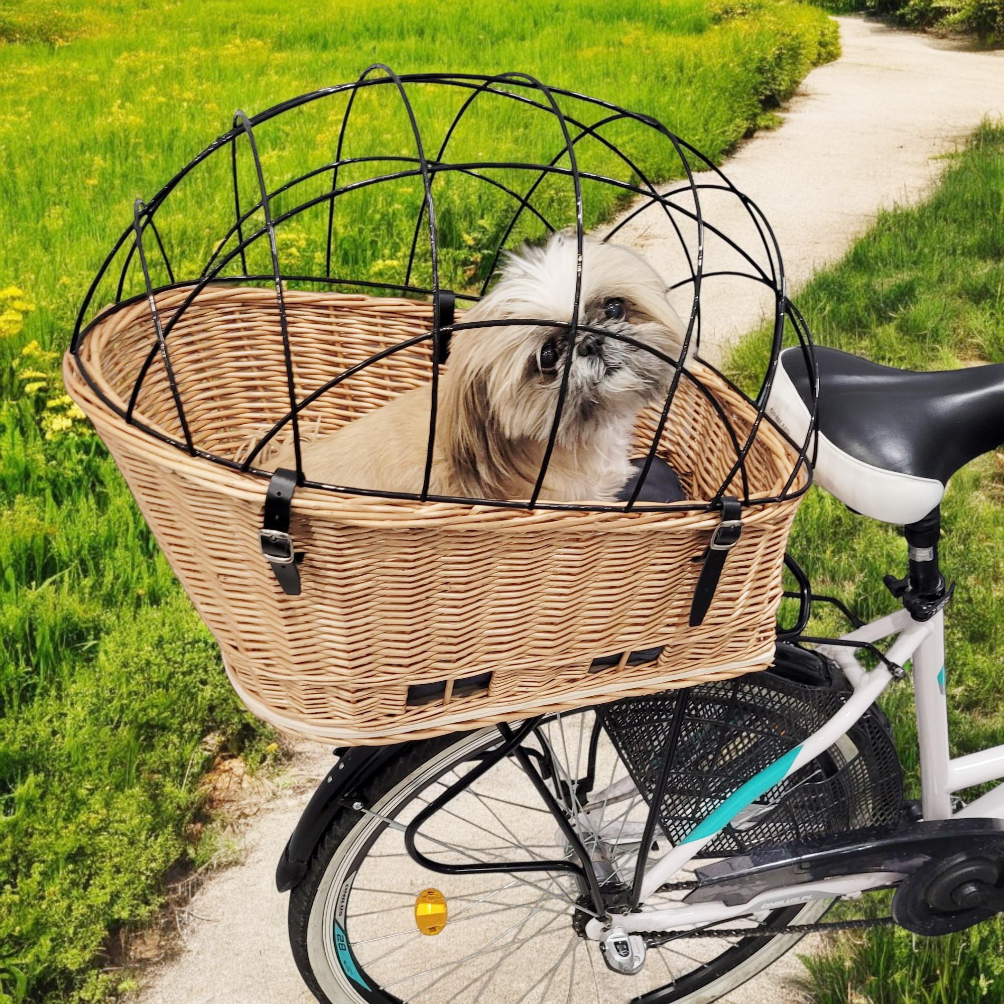 Panier de vélo en Osier pour Chiens et Chats jusqu'à 8 kg 47x44x24 cm – Panier tressé à la Main pour Porte-Bagages avec Grille métallique, Coussin Doux, Brun