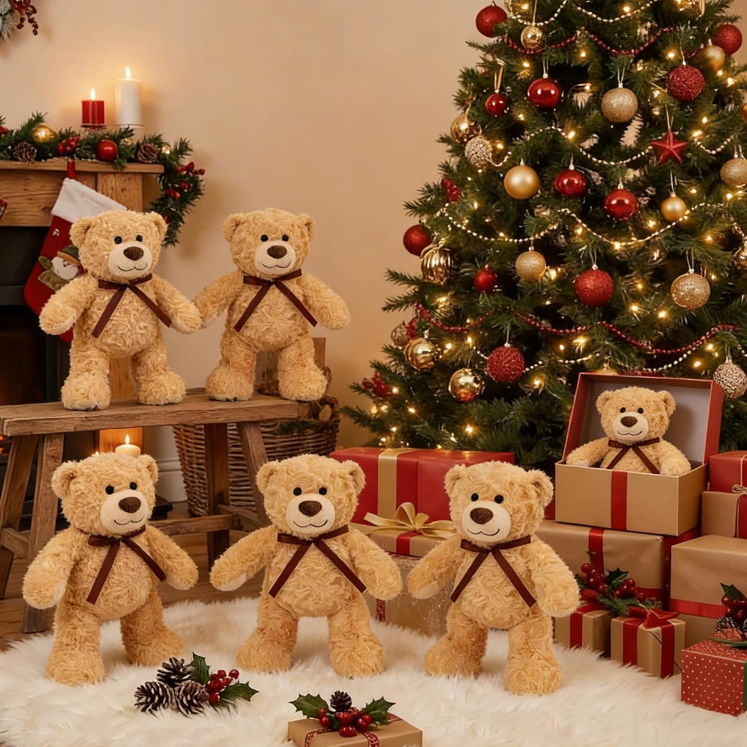6Pcs Teddy Bear Stuffed Animals Bulk for Baby Shower, Small Stuffed Teddy Bear Plush, 10" Bulk Bears Plush Toys for Baby Shower Party Decorations Christmas Valentine's Day (Brown)