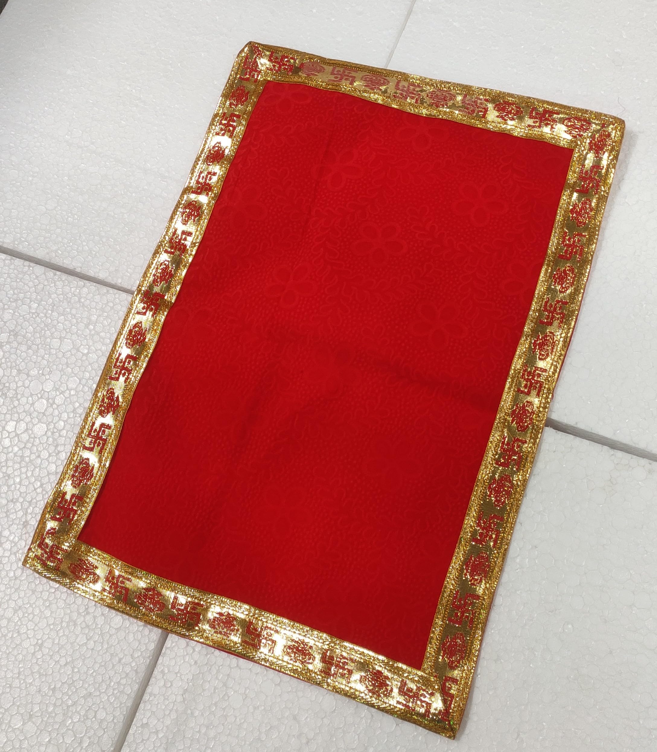 Pooja Mat Square Shape & Soft Red Velvet Material Flower Desgin Maditation Prayer Mat Size 12 X 18 Inch, (Pack of 2 Mats)-image-7